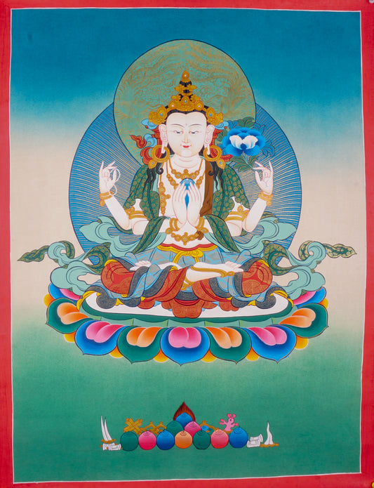 Tibetan hand crafted Thangka paint of Chengresi, a spiritual art for religious practices.