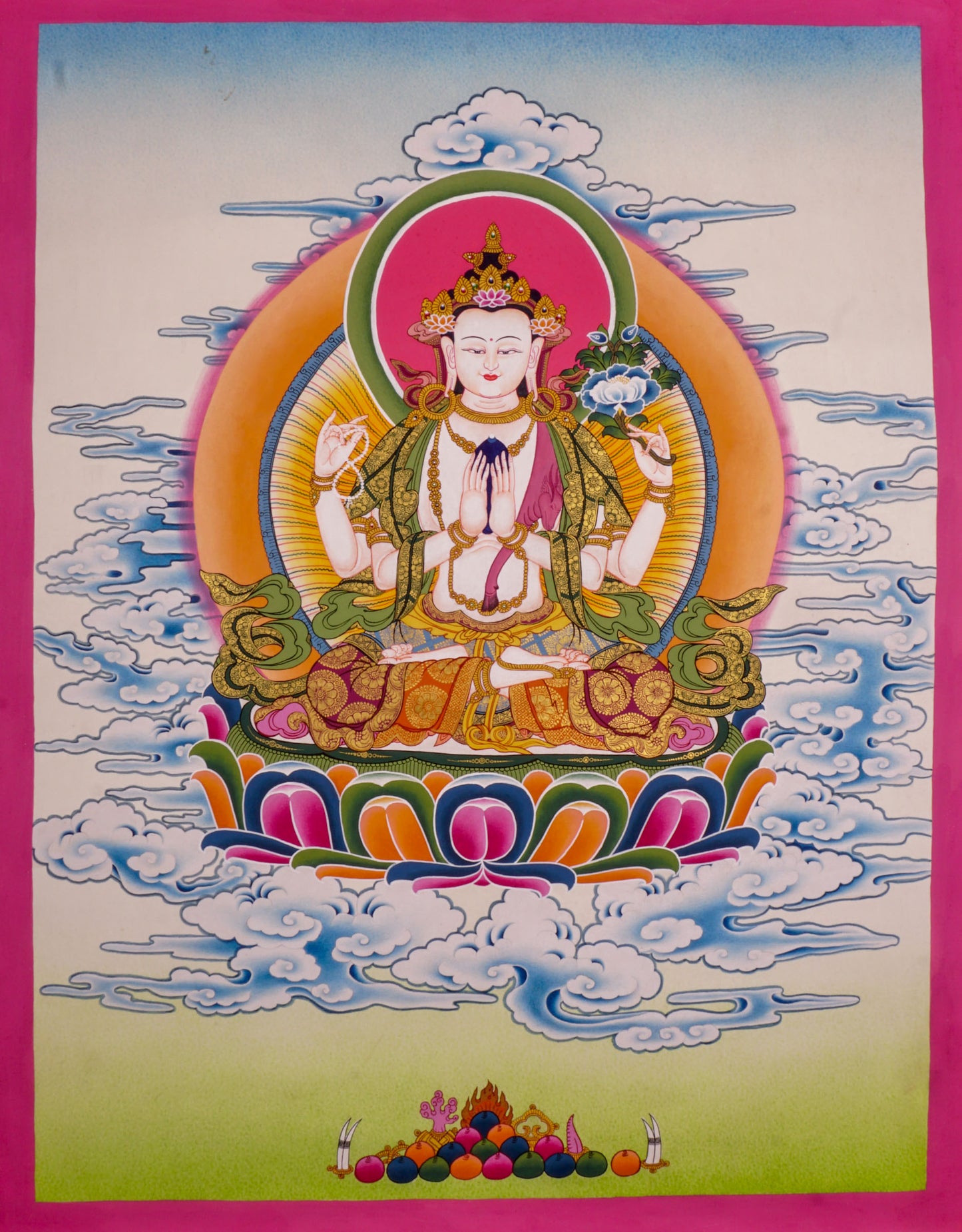 This artistic rendition of Chengresi thangka serves as a beautiful and uplifting addition to any meditation room, altar,