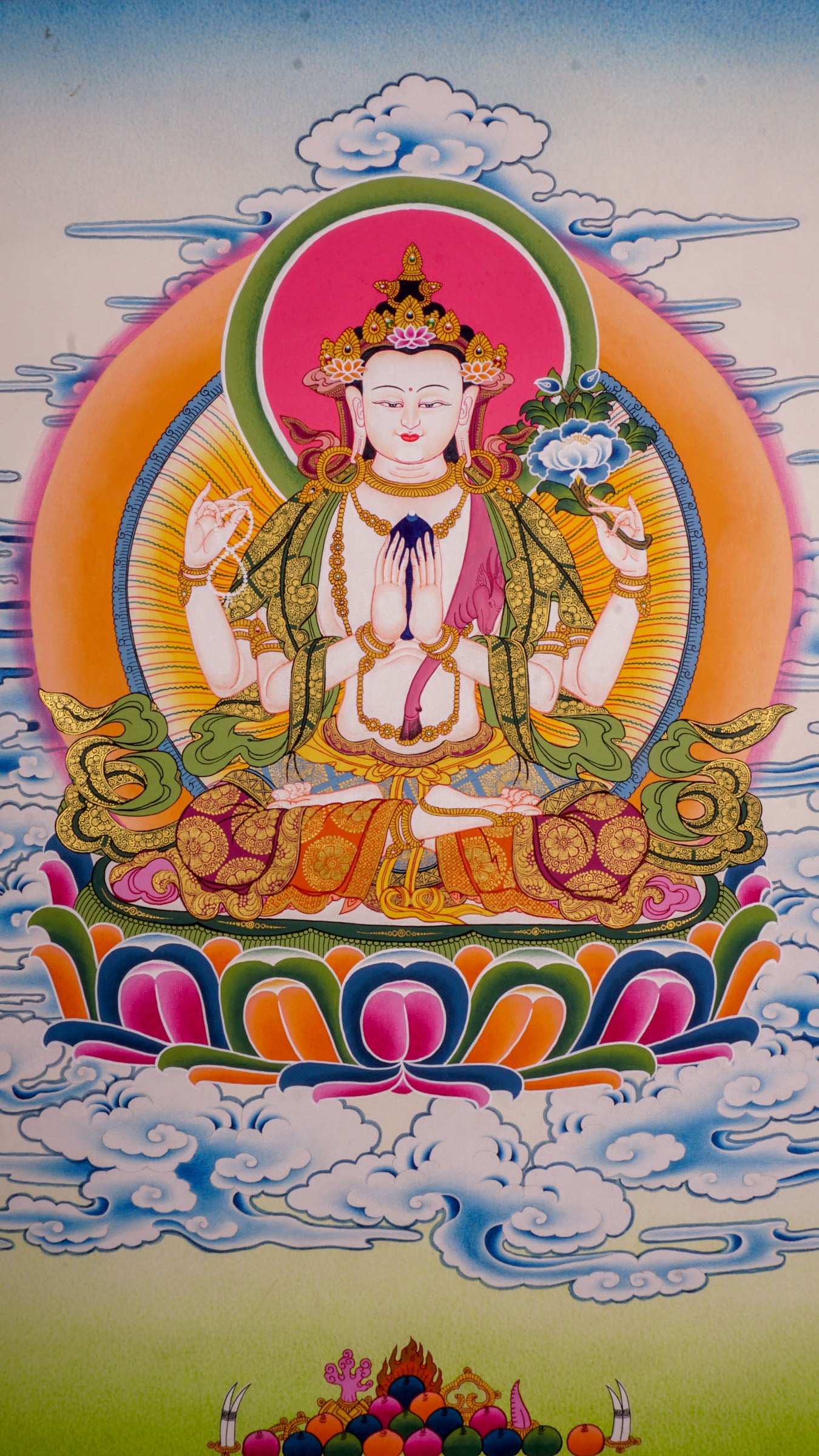 This artistic rendition of Chengresi thangka serves as a beautiful and uplifting addition to any meditation room, altar,