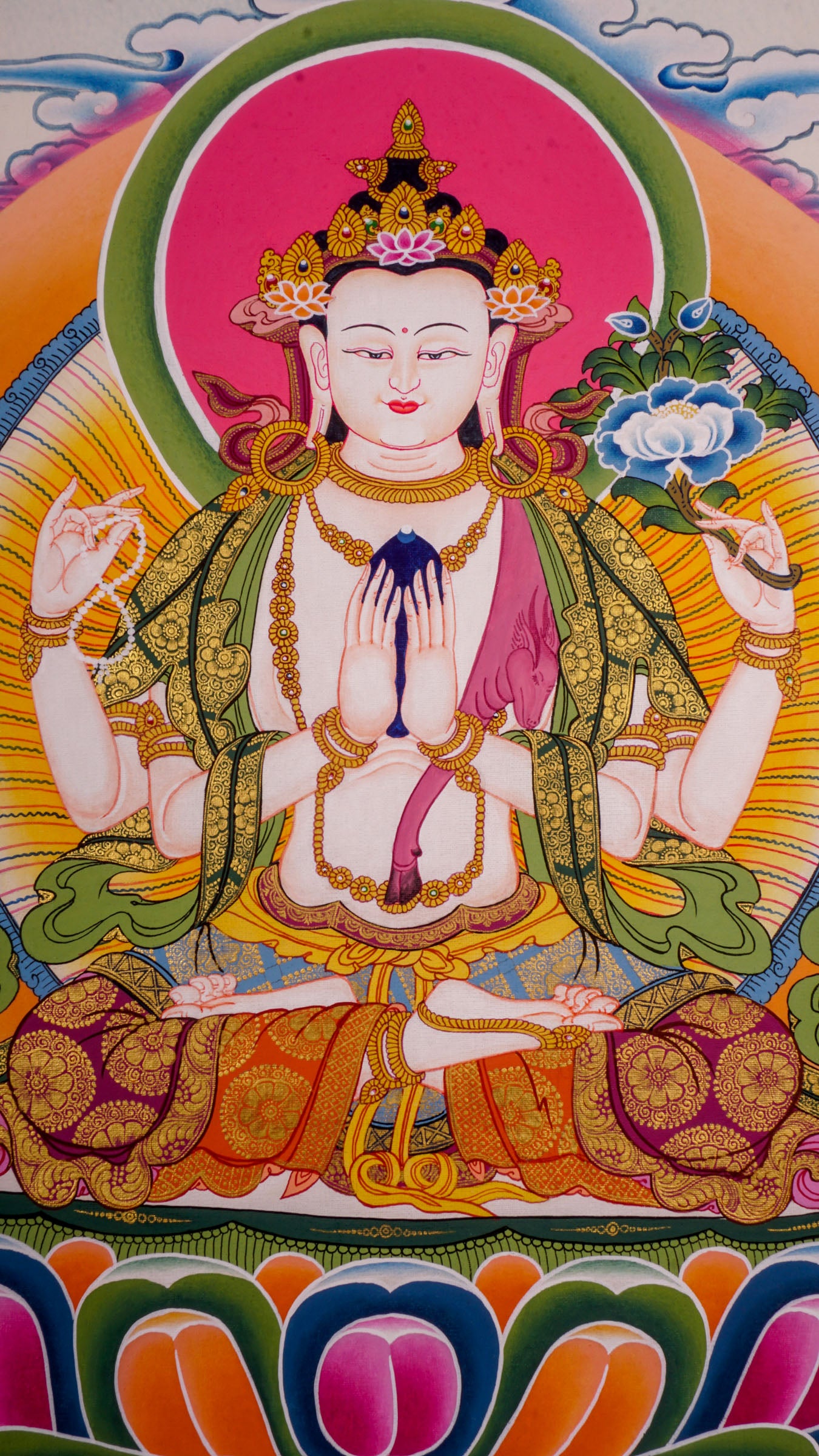 This artistic rendition of Chengresi thangka serves as a beautiful and uplifting addition to any meditation room, altar,