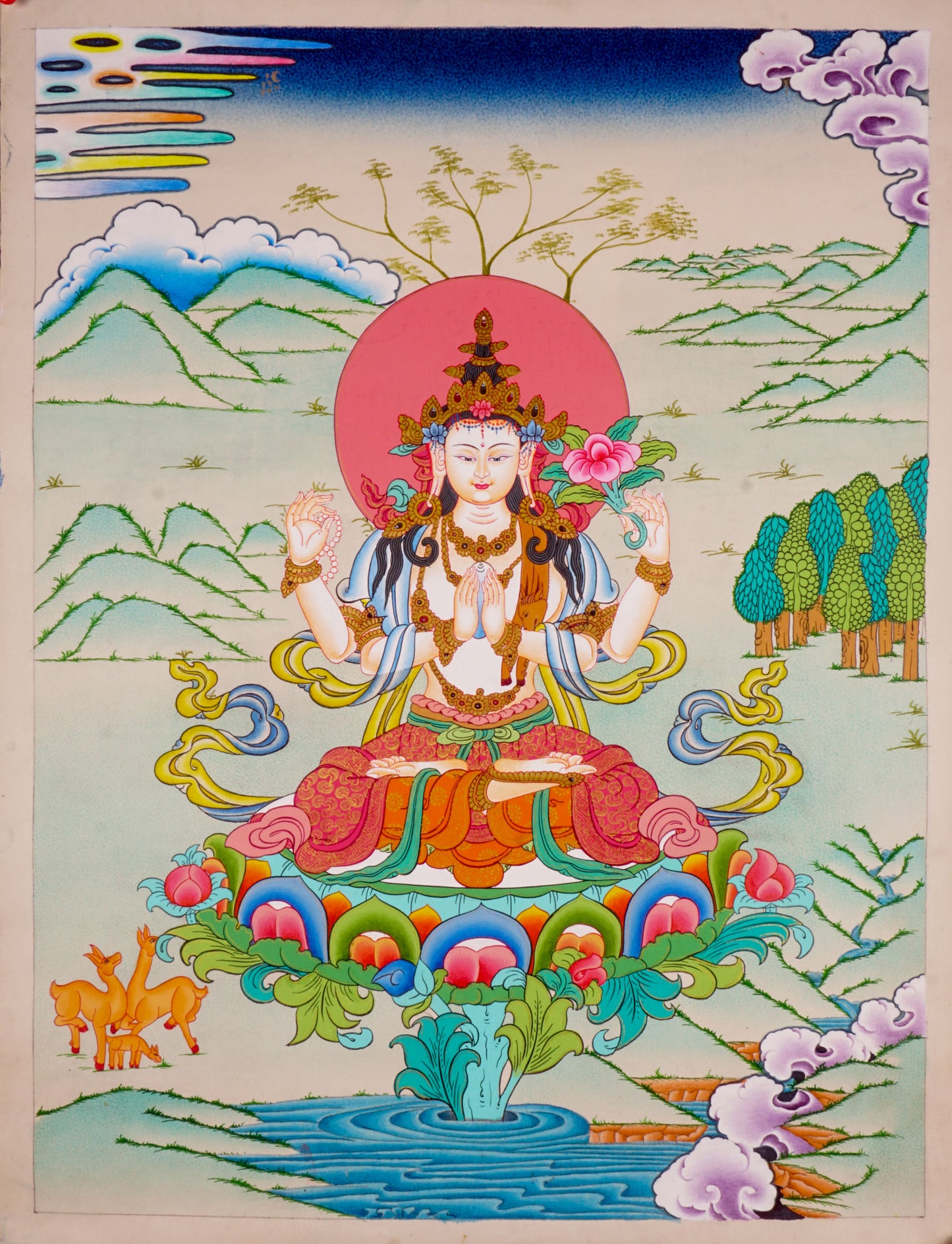 This Handmade Tibetan Thangka Painting of Chengresi is a stunning piece of art, crafted by skilled Tibetan artisans.