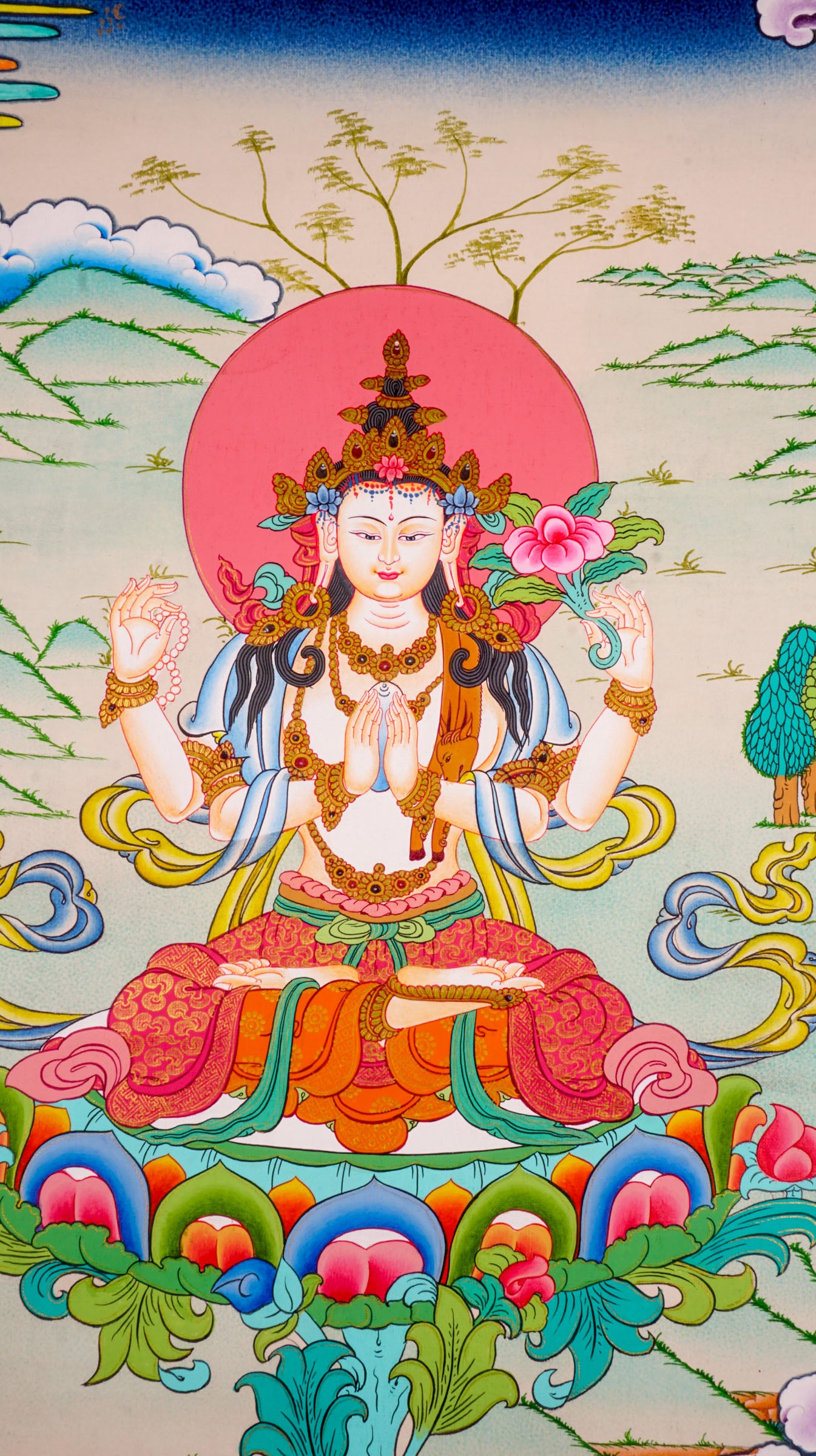 This Handmade Tibetan Thangka Painting of Chengresi is a stunning piece of art, crafted by skilled Tibetan artisans.