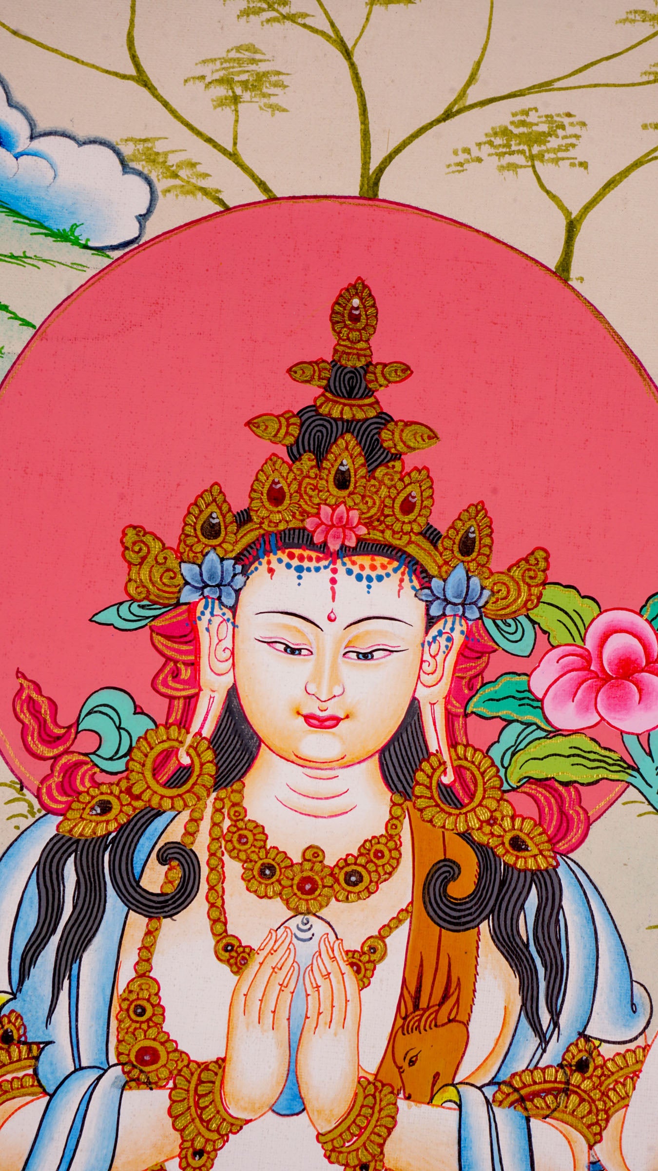 This Handmade Tibetan Thangka Painting of Chengresi is a stunning piece of art, crafted by skilled Tibetan artisans.