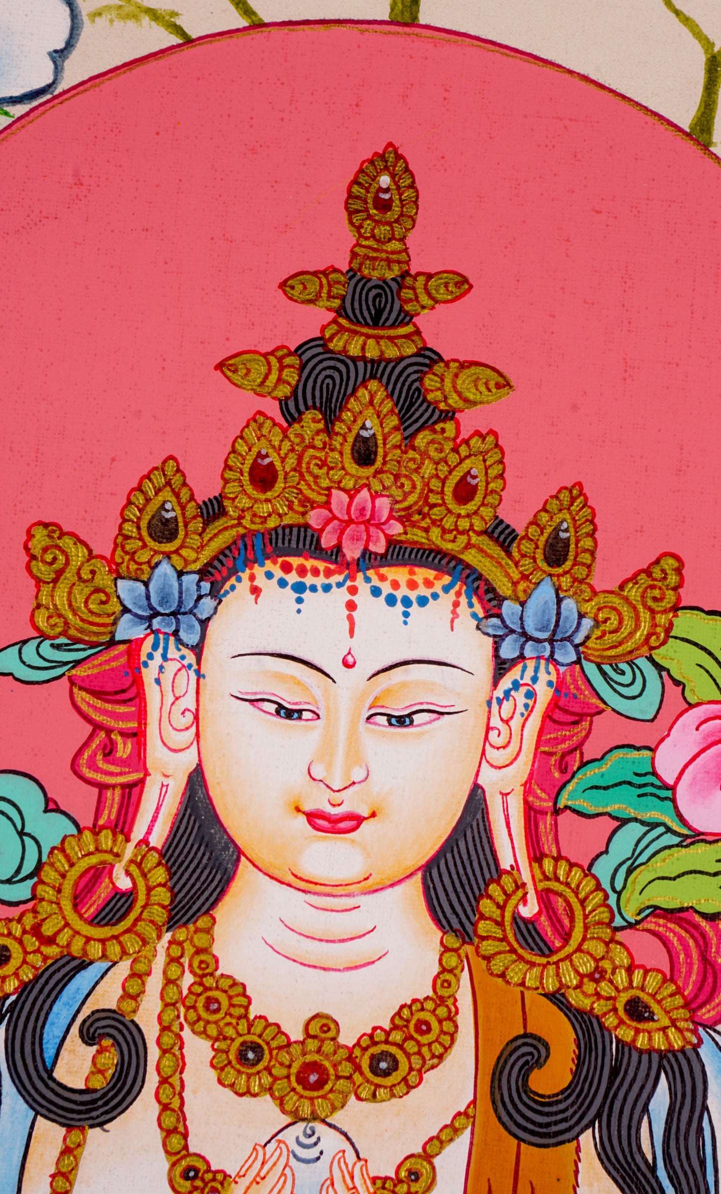 This Handmade Tibetan Thangka Painting of Chengresi is a stunning piece of art, crafted by skilled Tibetan artisans.