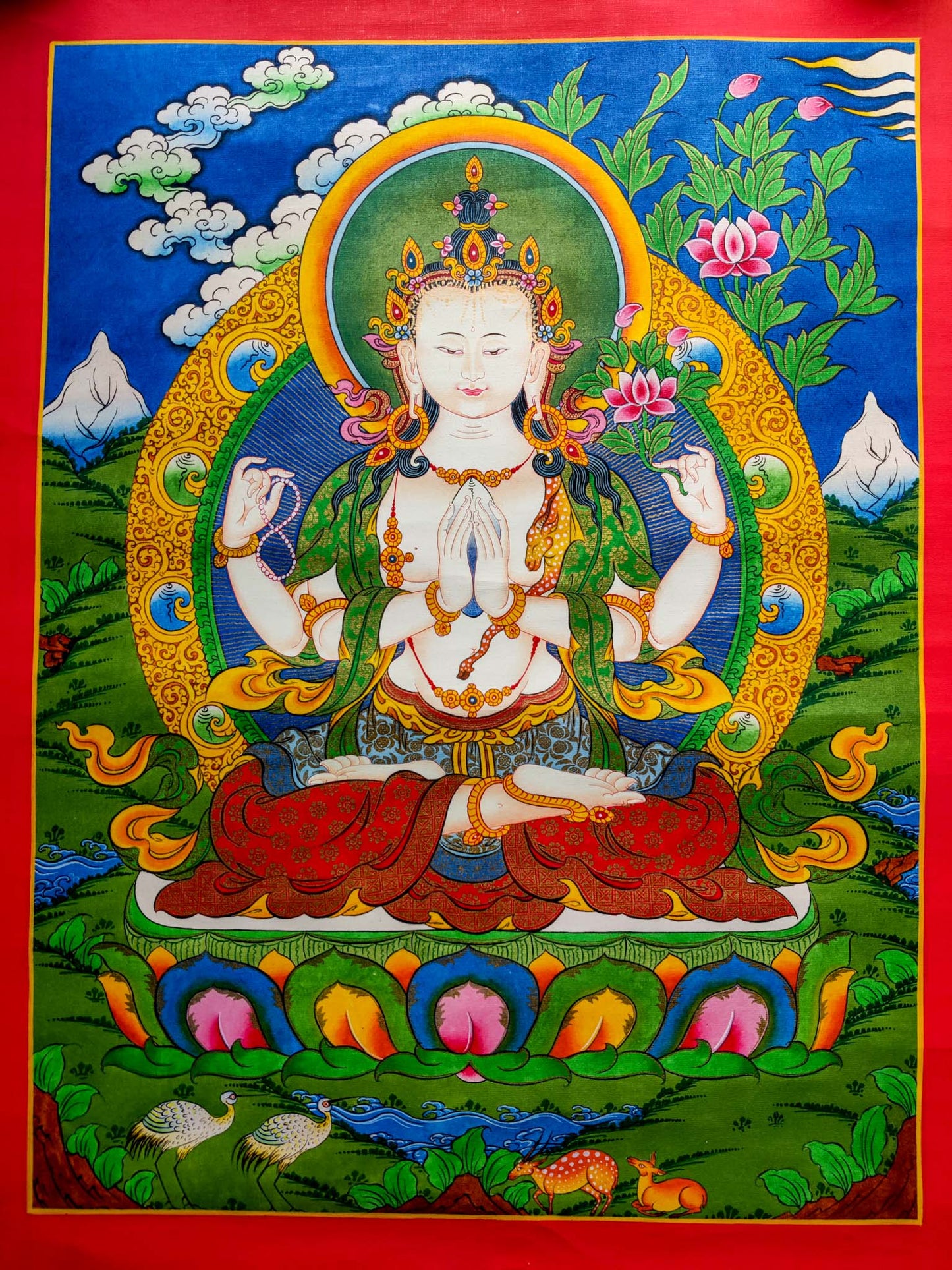 This Handmade Tibetan Thangka Painting of Chengresi is a stunning piece of art, crafted by skilled Tibetan artisans.