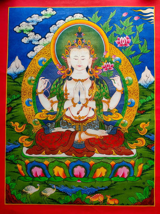 This Handmade Tibetan Thangka Painting of Chengresi is a stunning piece of art, crafted by skilled Tibetan artisans.