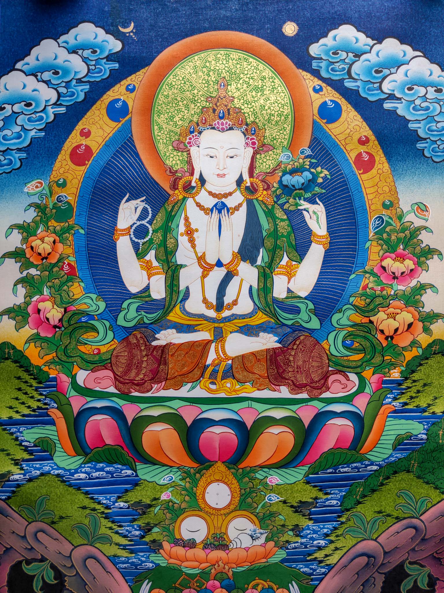 This Chengresi thangka painting is ideal for meditation rooms, altars, or any space seeking solace and inspiration. 