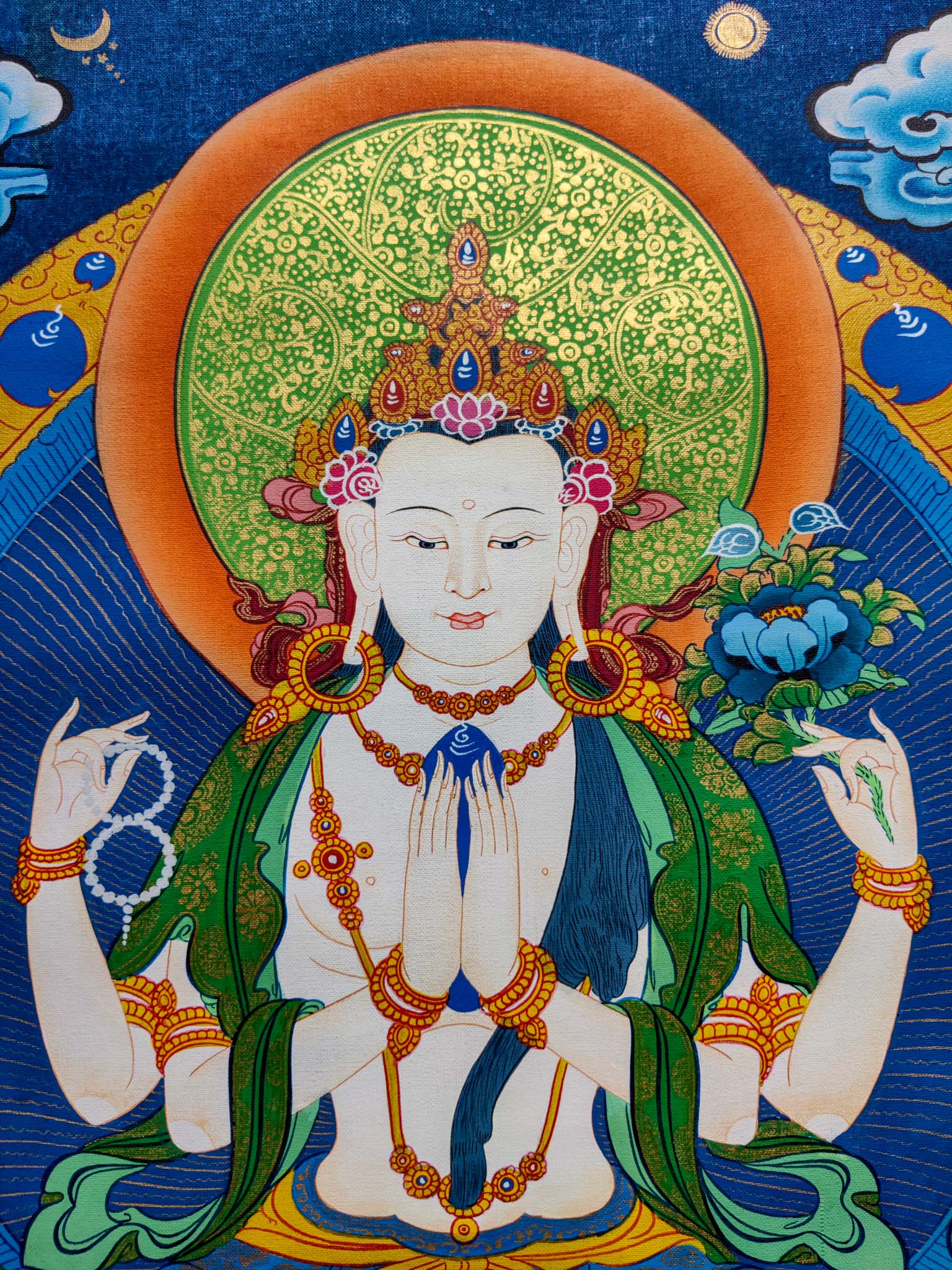 This Chengresi thangka painting is ideal for meditation rooms, altars, or any space seeking solace and inspiration. 