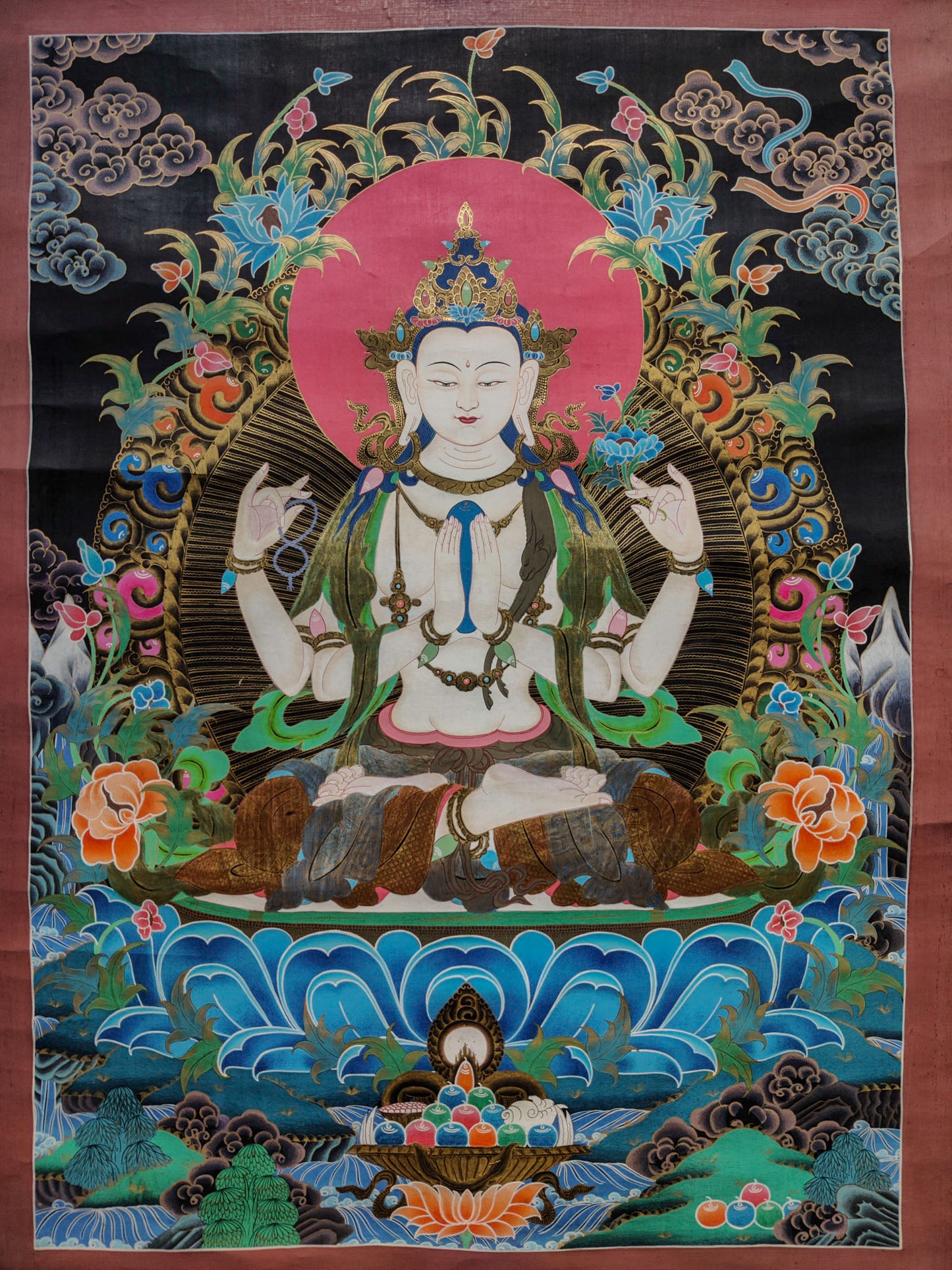 The Chenrezig Thangka painting is a deeply revered masterpiece of Tibetan cultural art, intricately crafted by skilled local artisans.