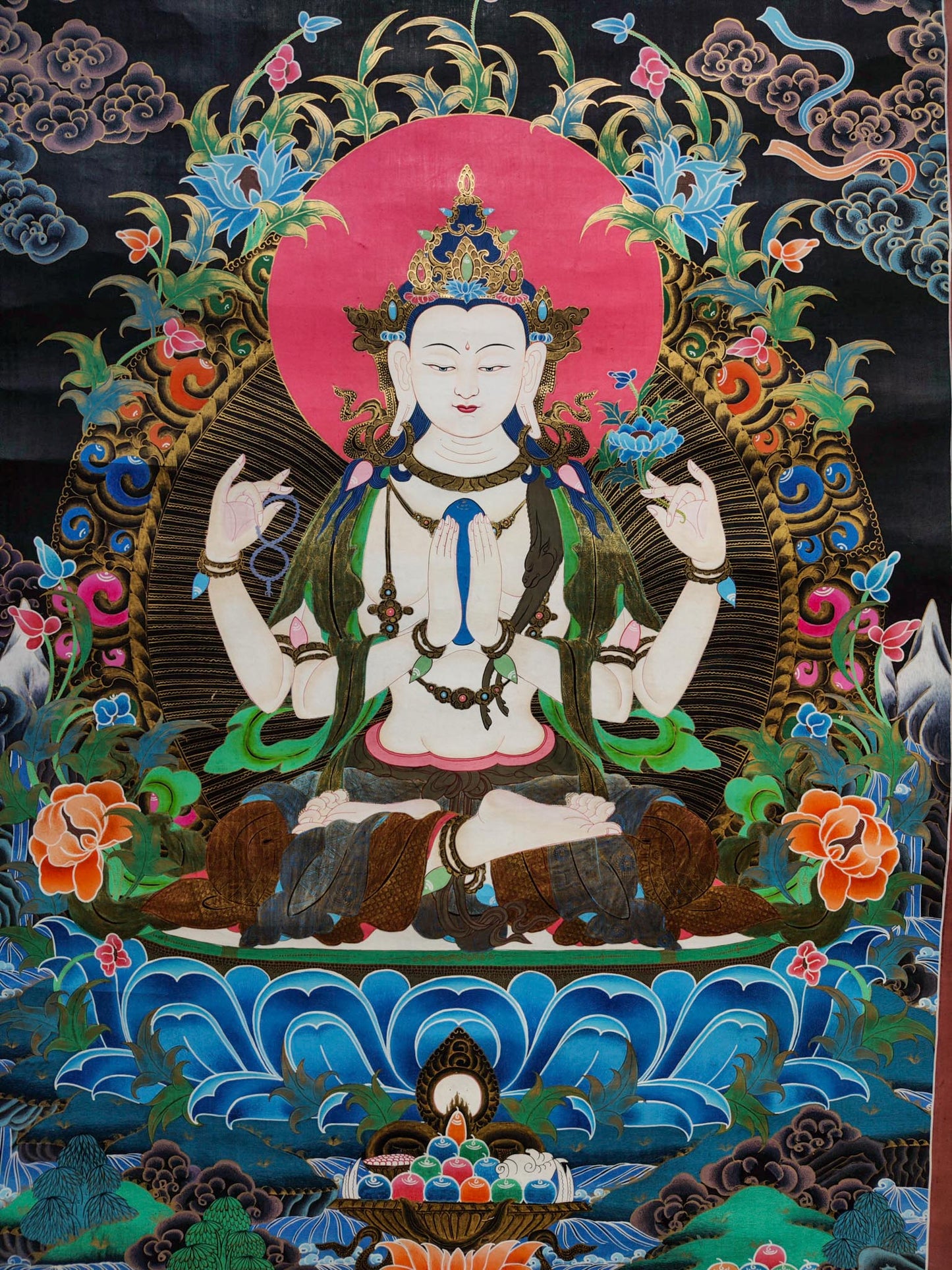 The Chenrezig Thangka painting is a deeply revered masterpiece of Tibetan cultural art, intricately crafted by skilled local artisans.