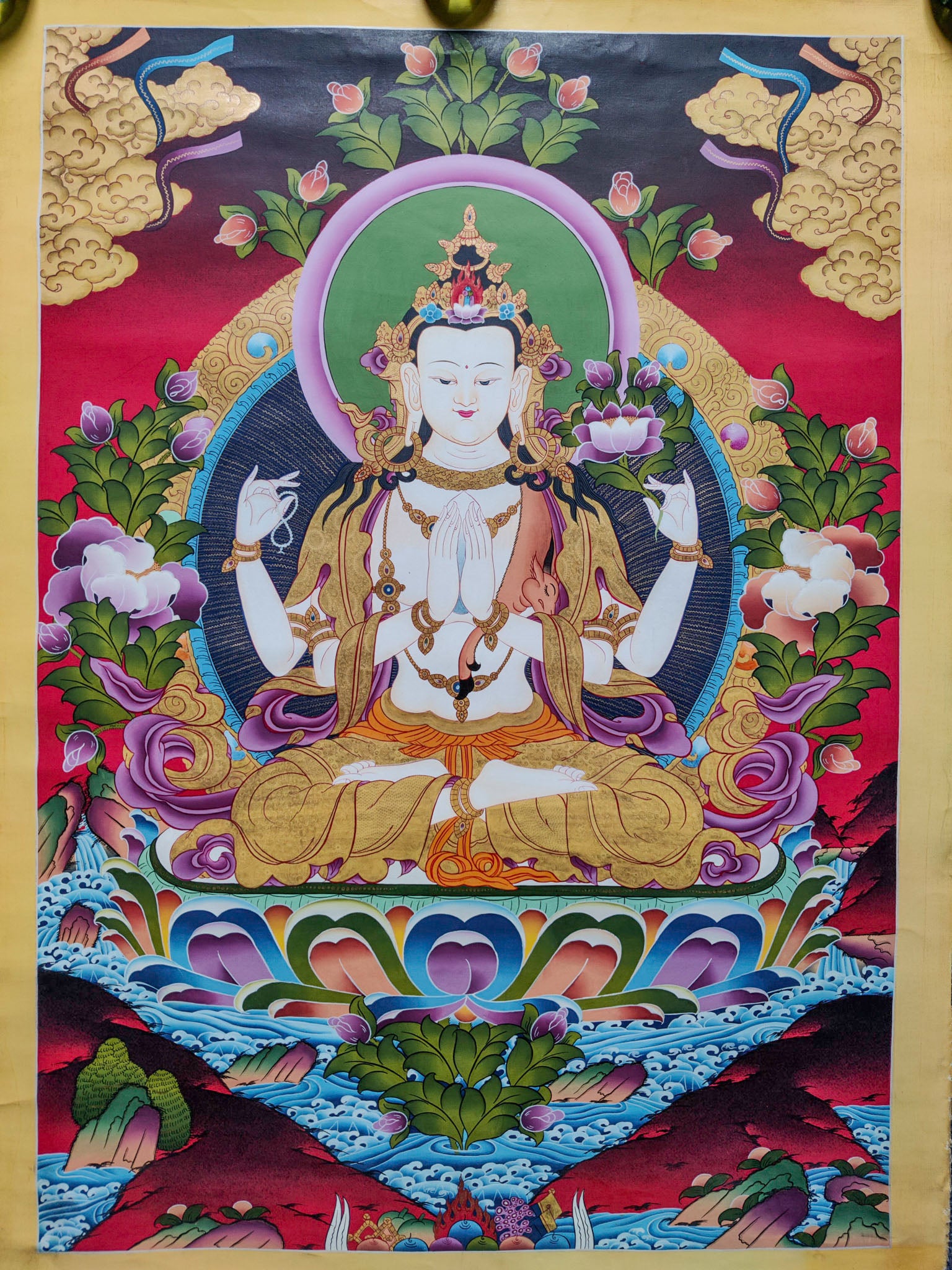 This artistic rendition of Chengresi thangka serves as a beautiful and uplifting addition to any meditation room, altar,