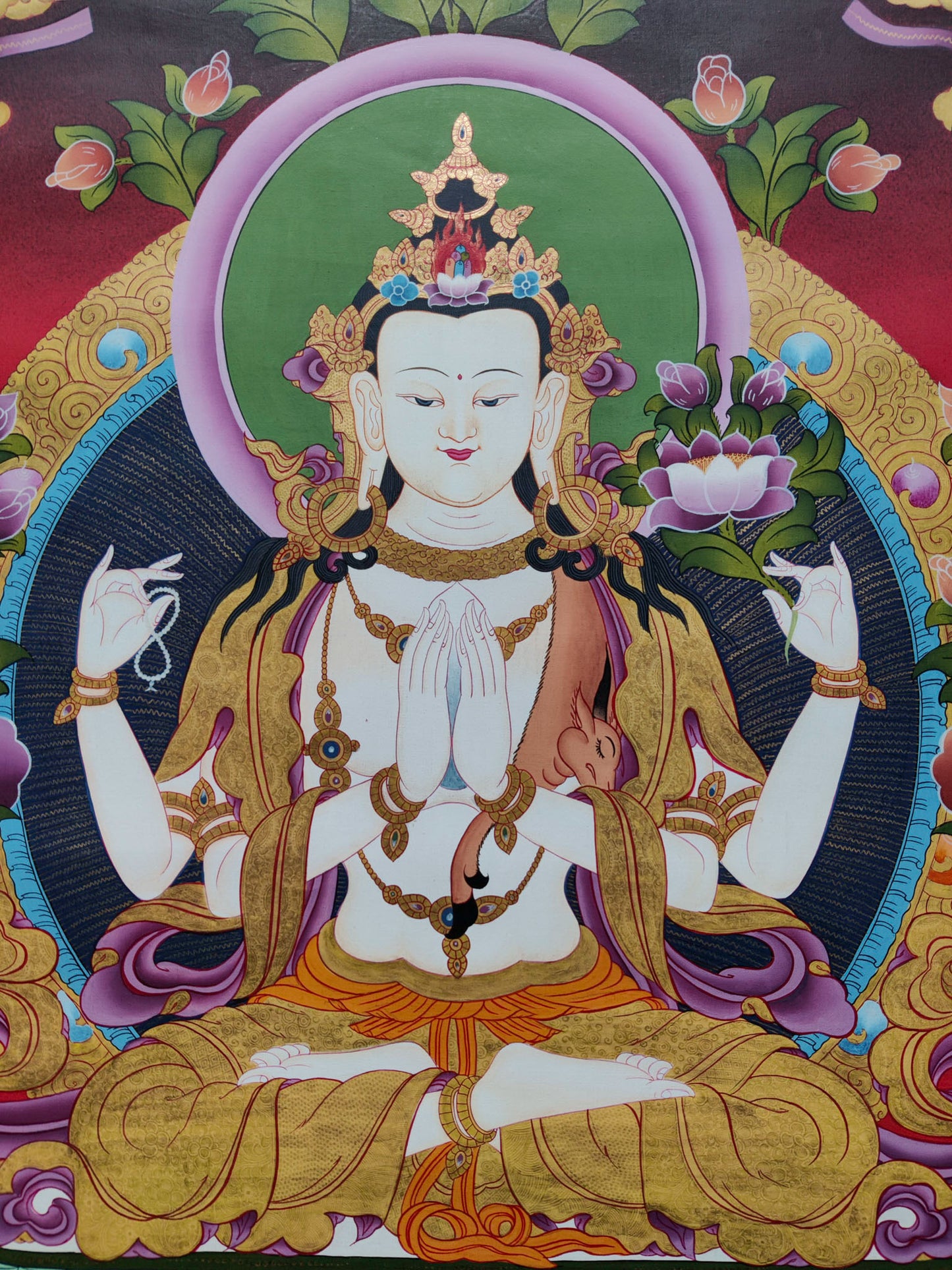 This artistic rendition of Chengresi thangka serves as a beautiful and uplifting addition to any meditation room, altar,