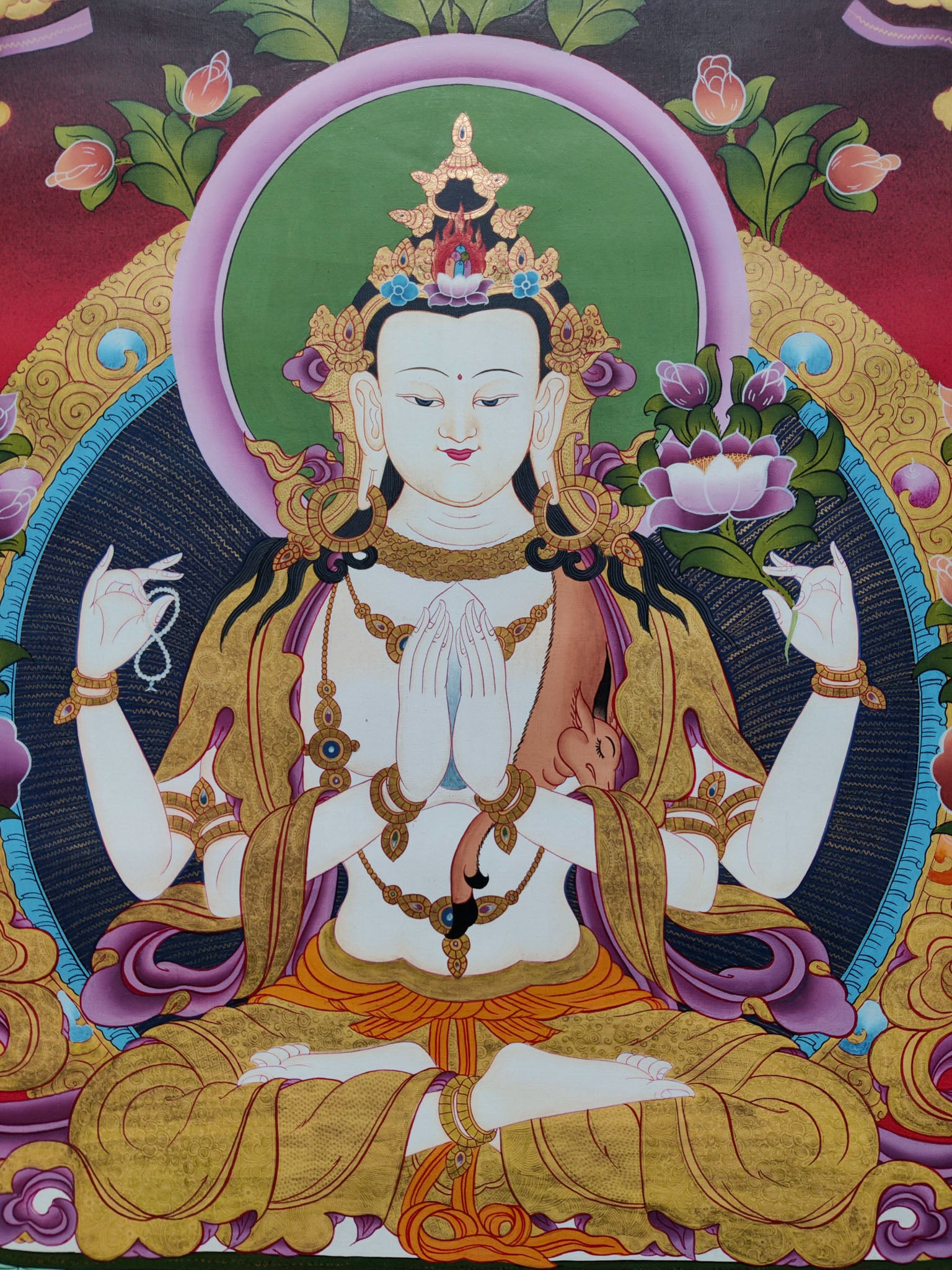 This artistic rendition of Chengresi thangka serves as a beautiful and uplifting addition to any meditation room, altar,