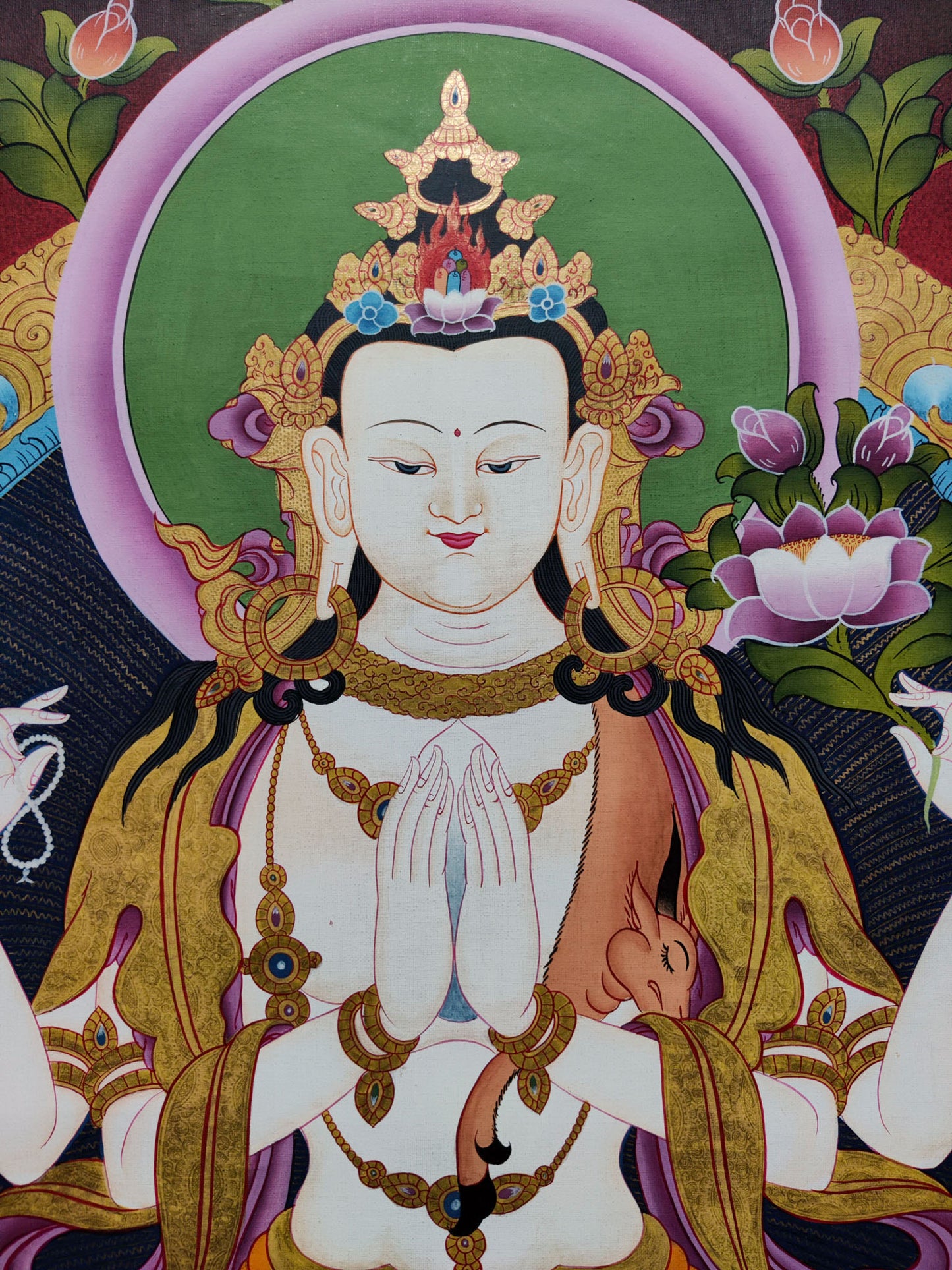 This artistic rendition of Chengresi thangka serves as a beautiful and uplifting addition to any meditation room, altar,