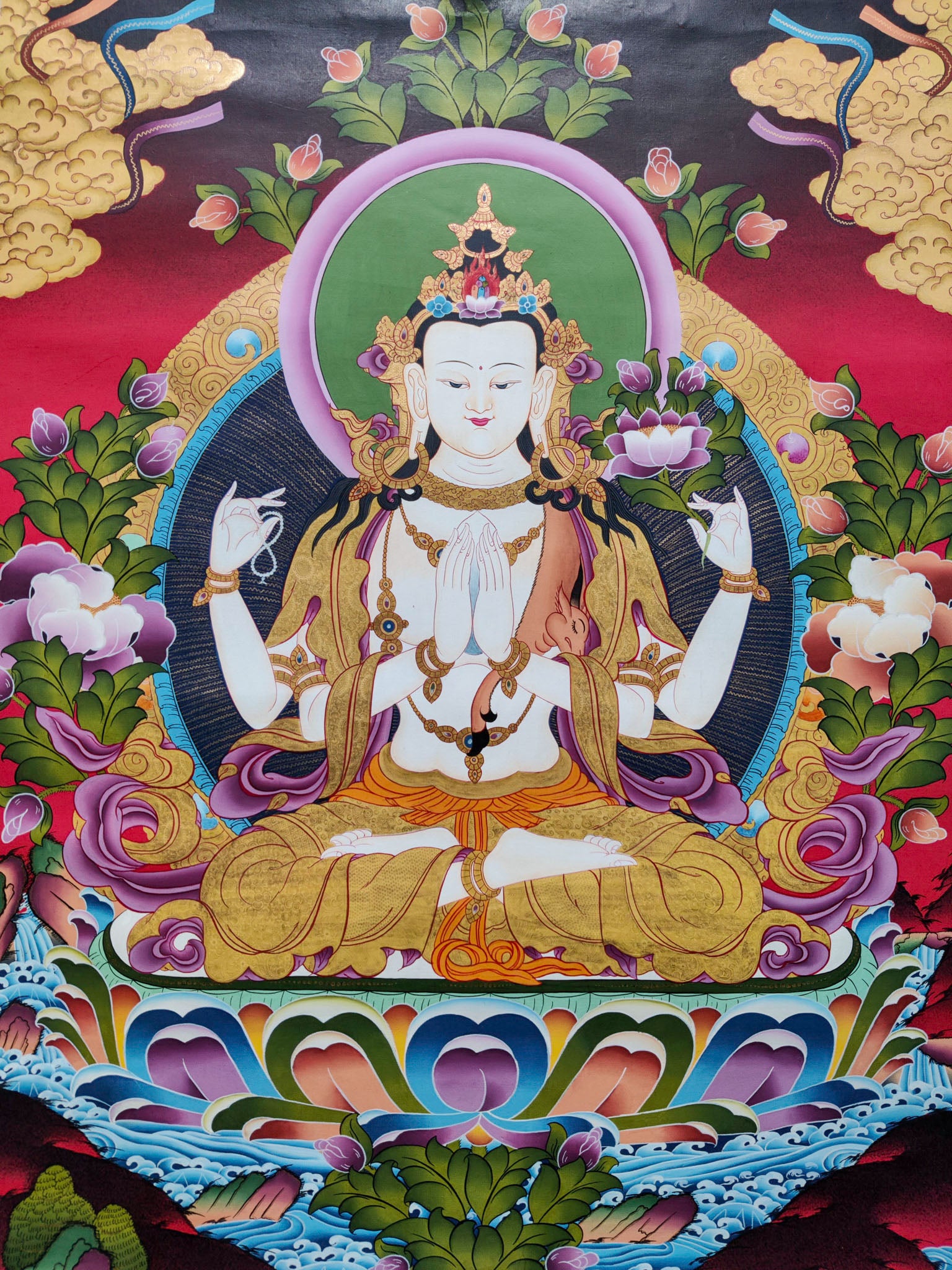 This artistic rendition of Chengresi thangka serves as a beautiful and uplifting addition to any meditation room, altar,