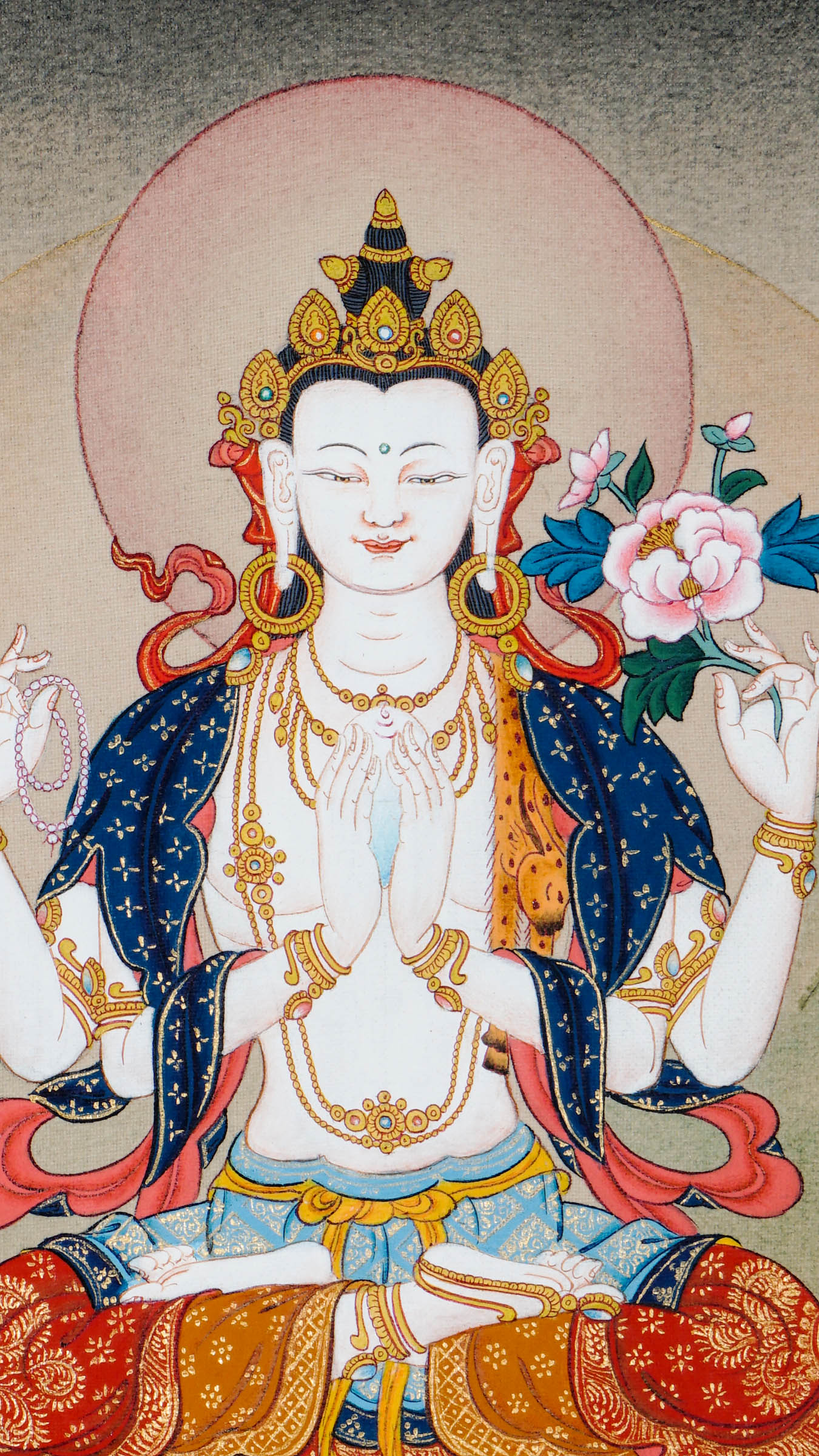 Tibetan thangka painting of Chenrezig seated on a lotus throne with four arms holding a crystal jewel, a mala, and a lotus flower, hand painted in Kathmandu, Nepal with natural pigments.