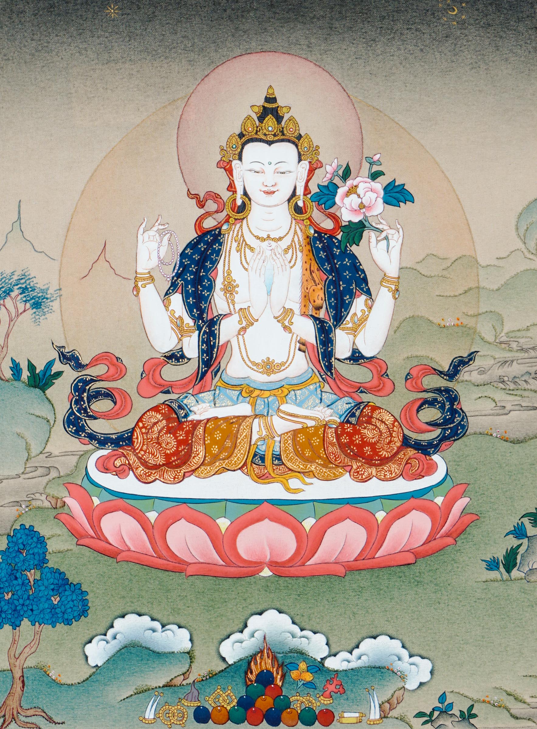 Tibetan thangka painting of Chenrezig seated on a lotus throne with four arms holding a crystal jewel, a mala, and a lotus flower, hand painted in Kathmandu, Nepal with natural pigments.