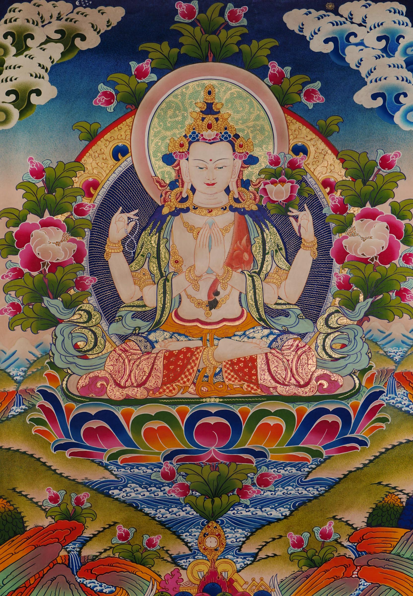 Chengresi Thangka with 24k gold, depicting the four-armed Bodhisattva of Compassion seated on a lotus throne, holding a crystal rosary and lotus, symbolizing compassion and purity in Tibetan Buddhism.