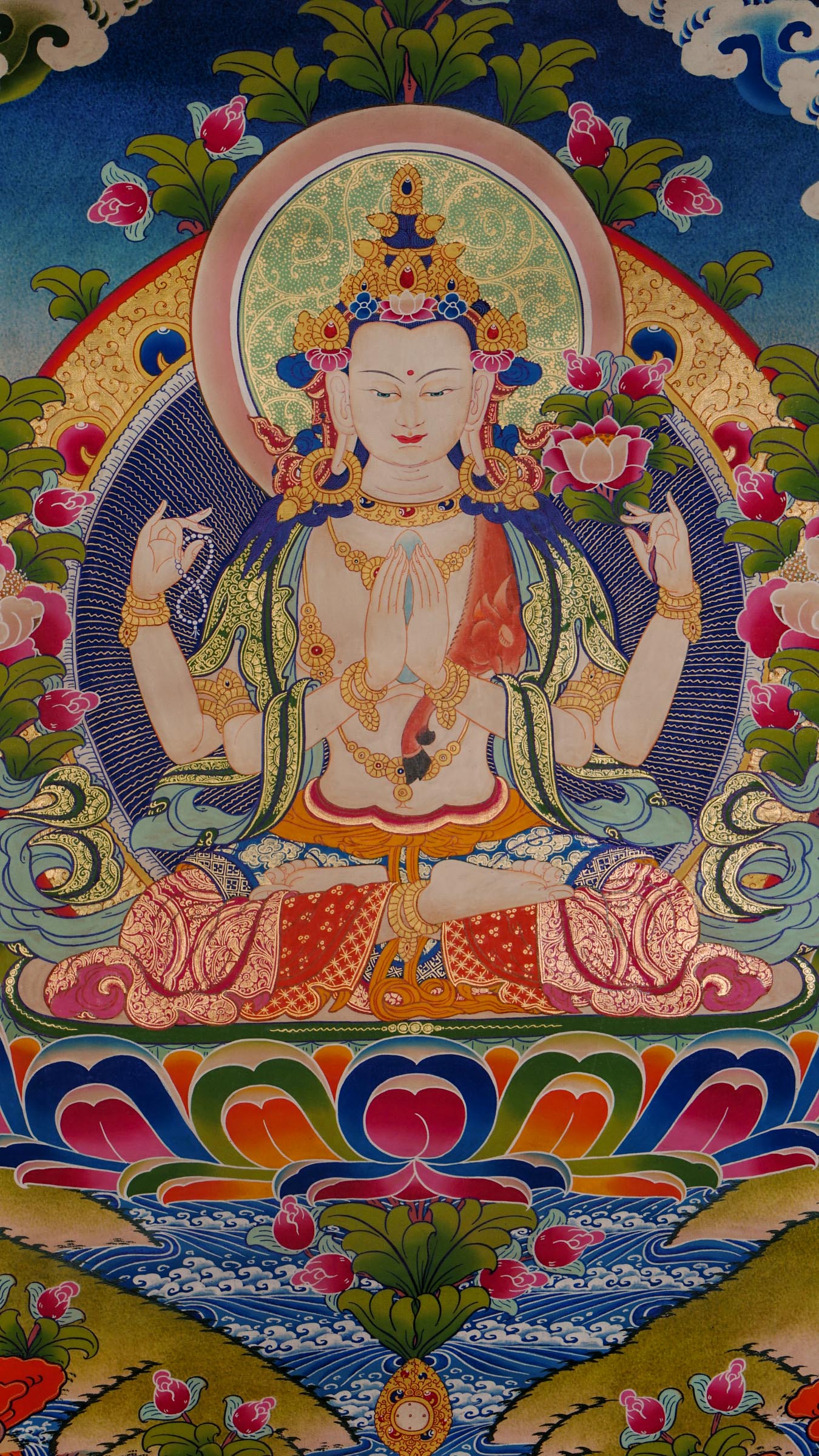  Chengresi Thangka with 24k gold, depicting the four-armed Bodhisattva of Compassion seated on a lotus throne, holding a crystal rosary and lotus, symbolizing compassion and purity in Tibetan Buddhism.
