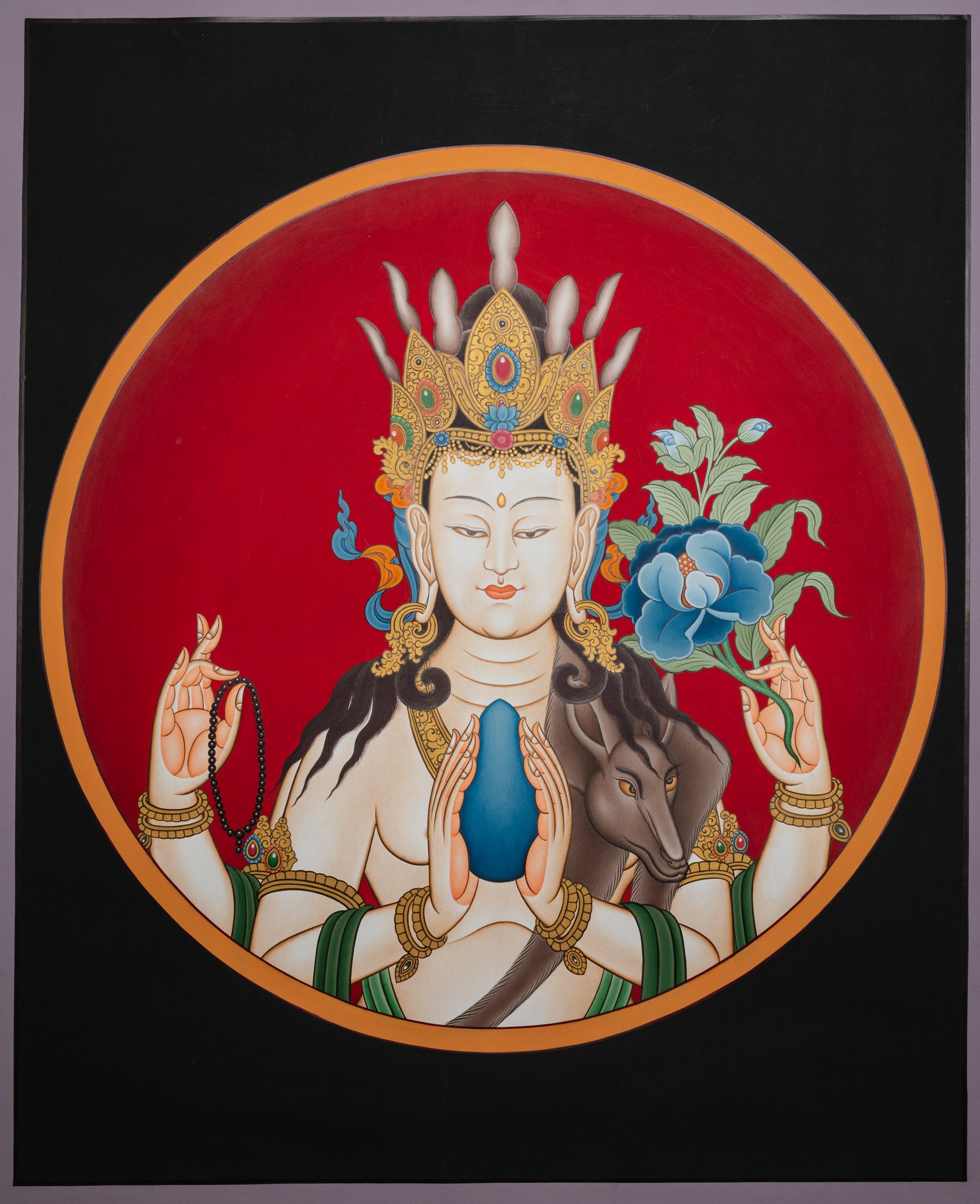 Chengresi Head Thangka - Deity of Compassion in Tibetan Buddhism, Portrait Art