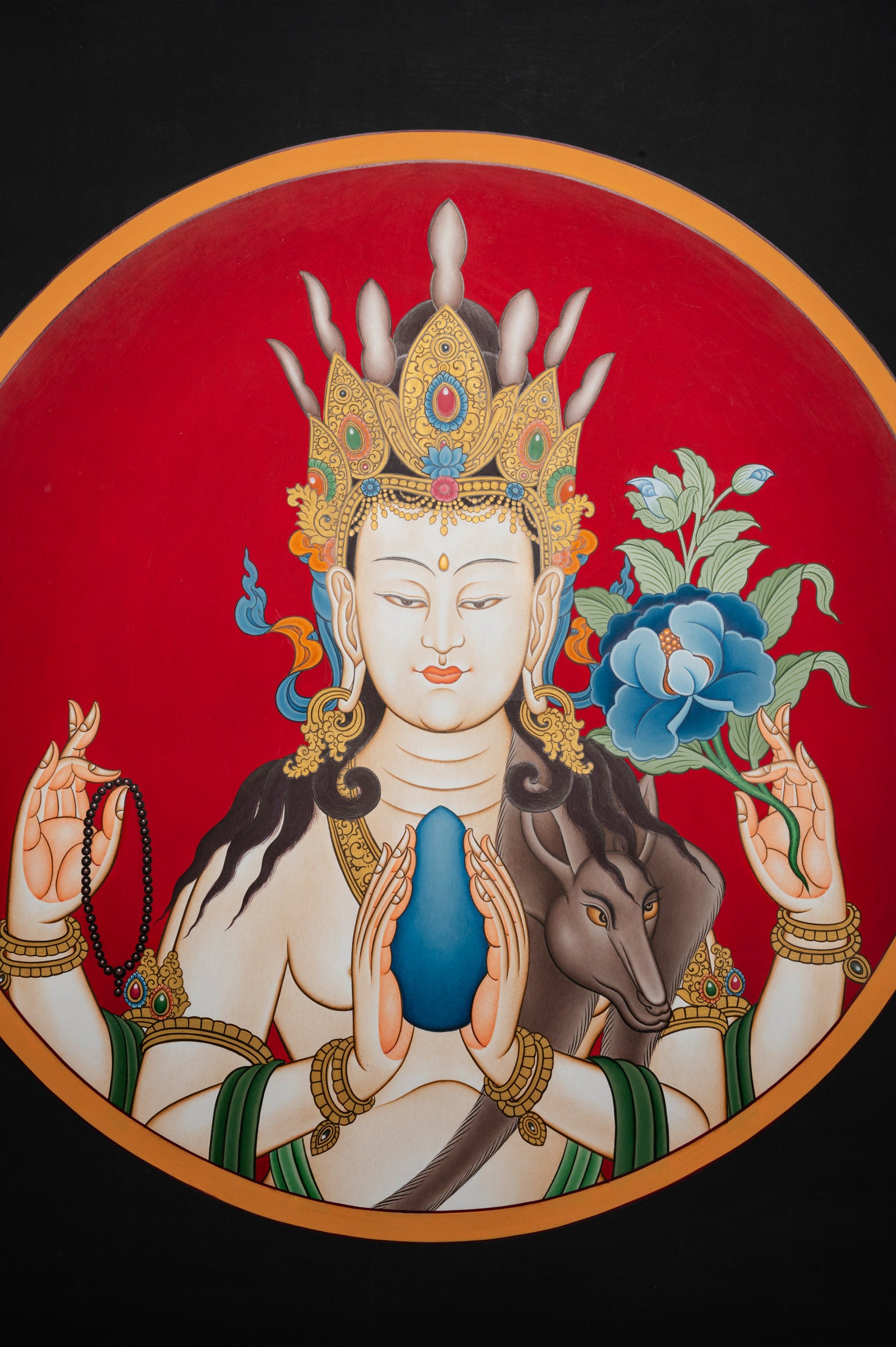 Chengresi Head Thangka - Deity of Compassion in Tibetan Buddhism, Portrait Art