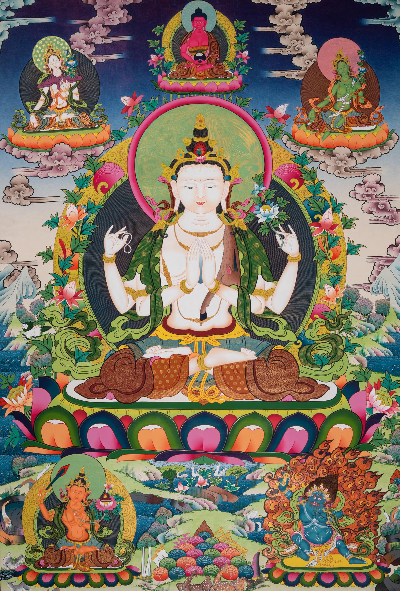 This Chenrezig Thangka - a hand-painted artwork  with Green Tara, white Tara and Amitabha buddha at the Top