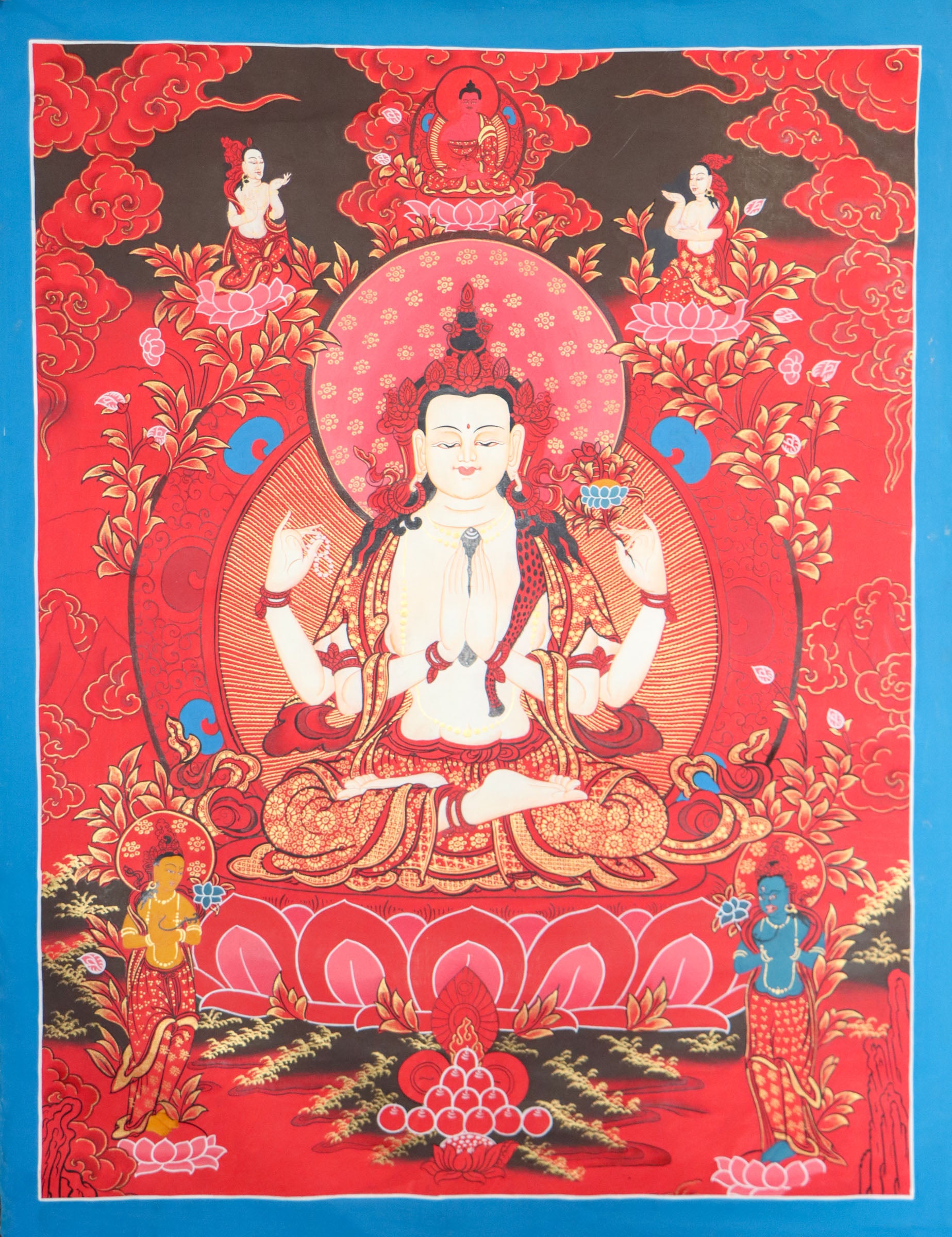 This genuine Tibetan Thangka of Chengresi, also known as Avalokiteshvara, embodies the compassionate heart of Tibetan Buddhism through its intricate hand-painted detail. Crafted with natural pigments by skilled artisans, this Buddhist artwork is a powerful spiritual symbol for meditation, devotion, and inner peace.