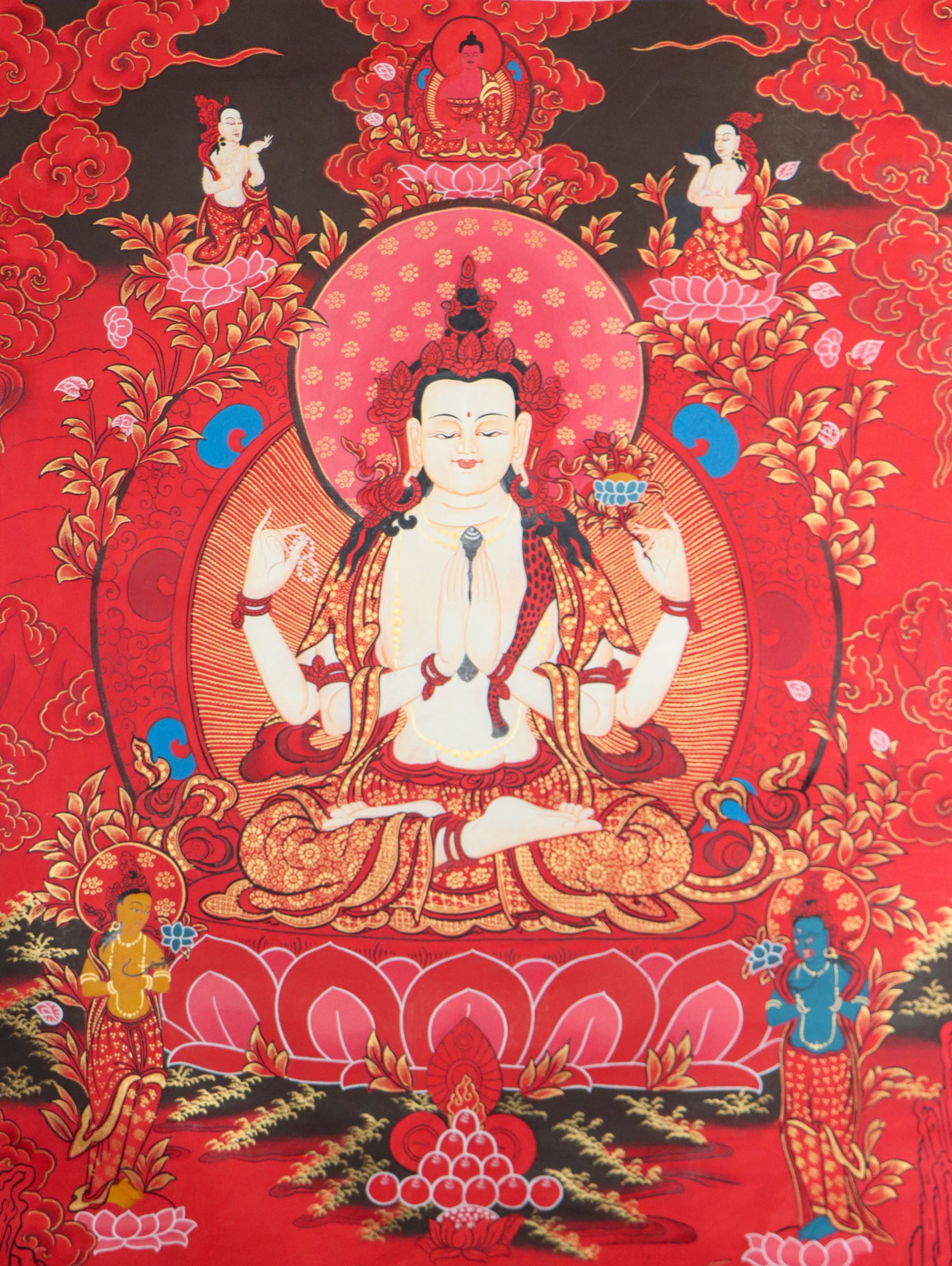 This genuine Tibetan Thangka of Chengresi, also known as Avalokiteshvara, embodies the compassionate heart of Tibetan Buddhism through its intricate hand-painted detail. Crafted with natural pigments by skilled artisans, this Buddhist artwork is a powerful spiritual symbol for meditation, devotion, and inner peace.
