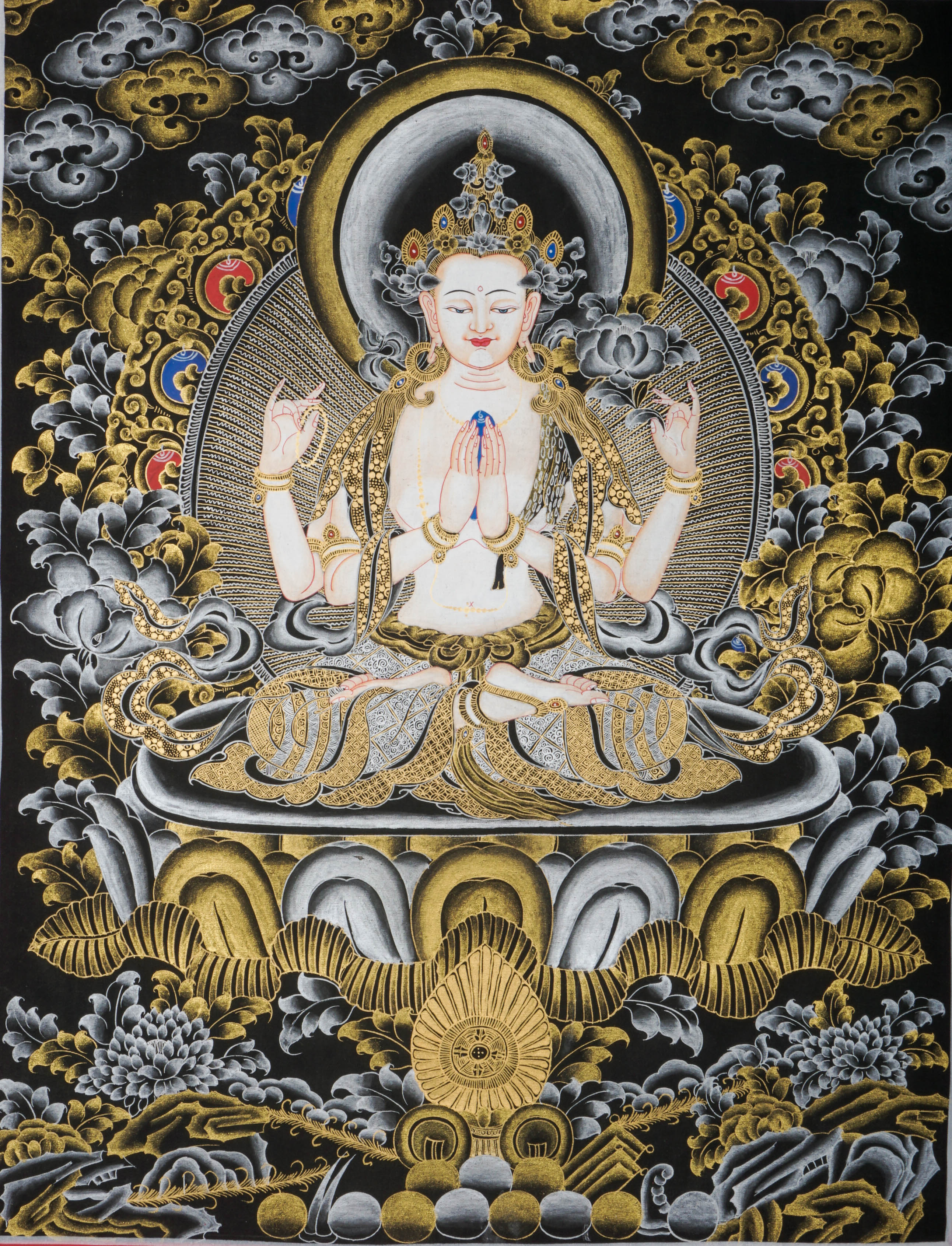 This genuine Tibetan Chenrezig Thangka, hand-painted with natural pigments, radiates compassion and serenity—perfect for inviting peace and loving energy into your space.