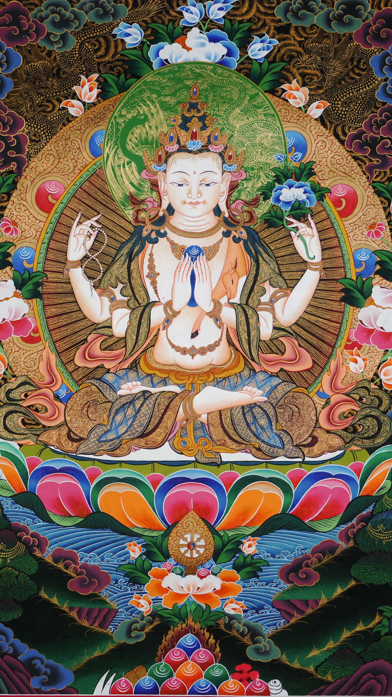Nepali hand-painted Chengresi Thangka showing Avalokiteshvara in meditation holding a crystal adorned with gold and floral details symbolizing compassion