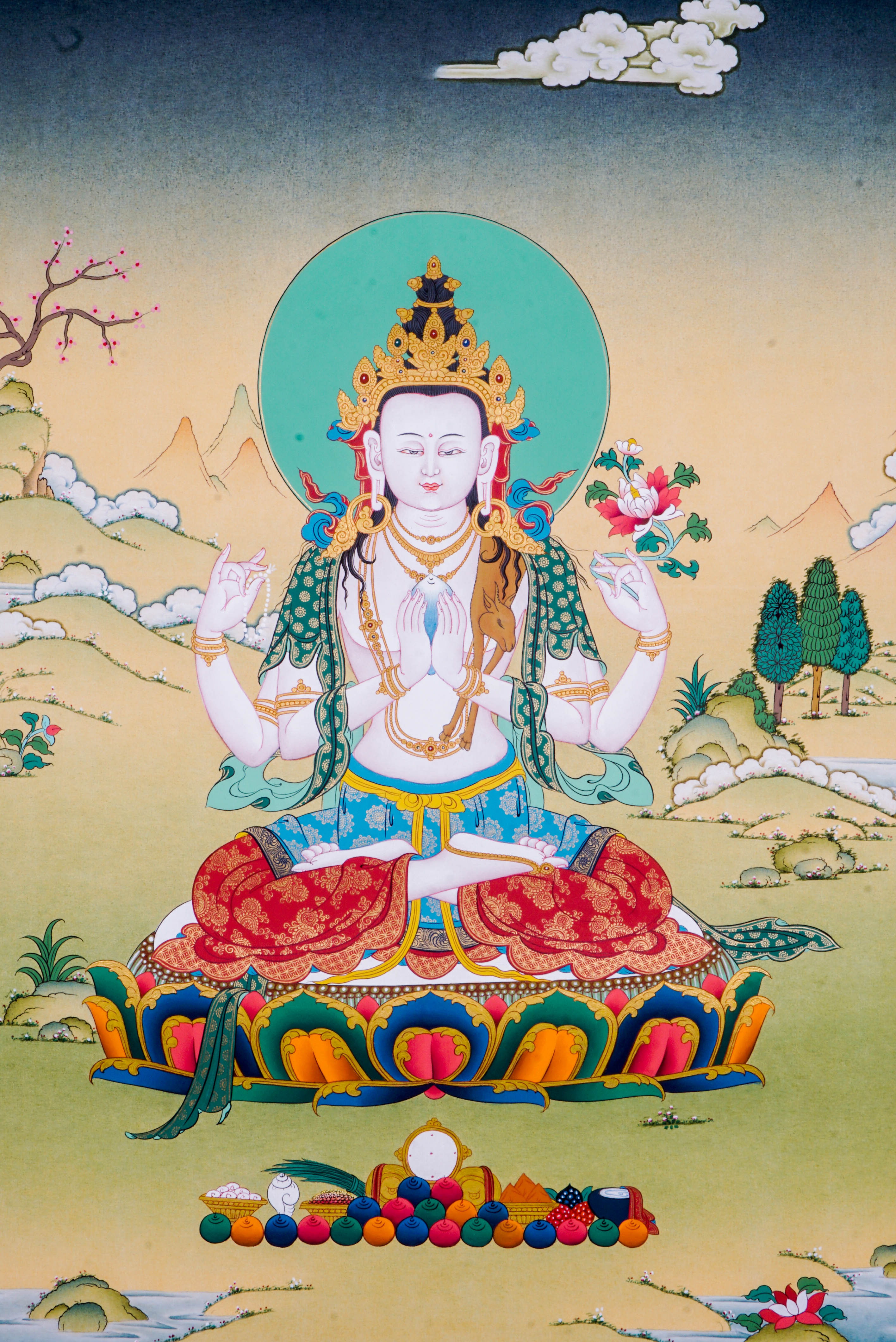 The Chengresi Thangka Painting features Avalokiteshvara, the Bodhisattva of Compassion in Tibetan Buddhism, symbolizing infinite mercy and guidance toward enlightenment. Hand-painted by skilled Tibetan artists with natural pigments, this vibrant Thangka brings healing energy, peace, and spiritual protection to your home or meditation space.