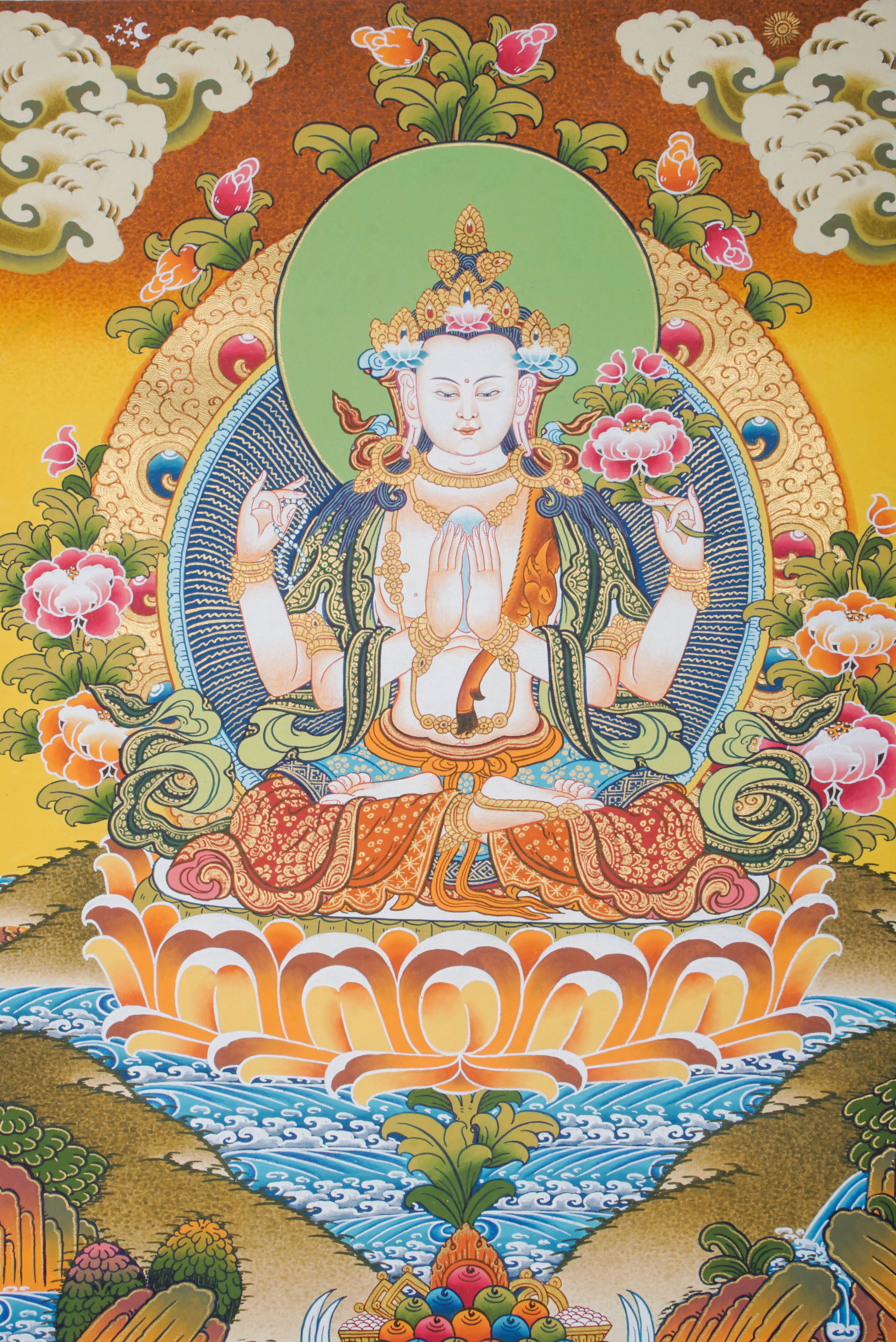 Chengresi Thangka Painting features Chenrezig (Avalokiteshvara), the Tibetan Buddhist Bodhisattva of Compassion, symbolizing unconditional love and kindness. Hand-painted by skilled Tibetan artisans using natural pigments, this authentic Thangka embodies mindfulness, spiritual healing, and meditation. 