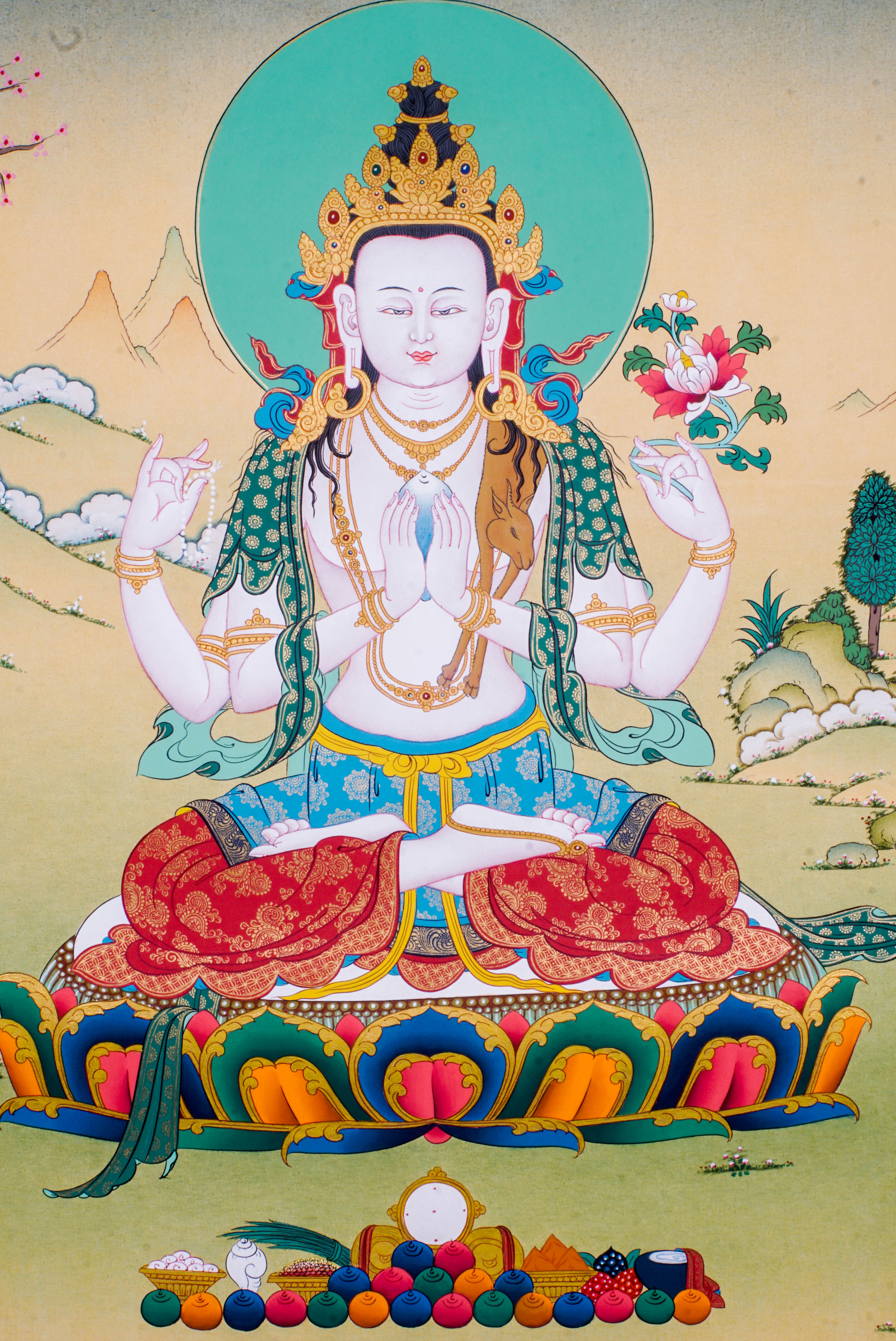 The Chengresi Thangka Painting features Avalokiteshvara, the Bodhisattva of Compassion in Tibetan Buddhism, symbolizing infinite mercy and guidance toward enlightenment. Hand-painted by skilled Tibetan artists with natural pigments, this vibrant Thangka brings healing energy, peace, and spiritual protection to your home or meditation space. 