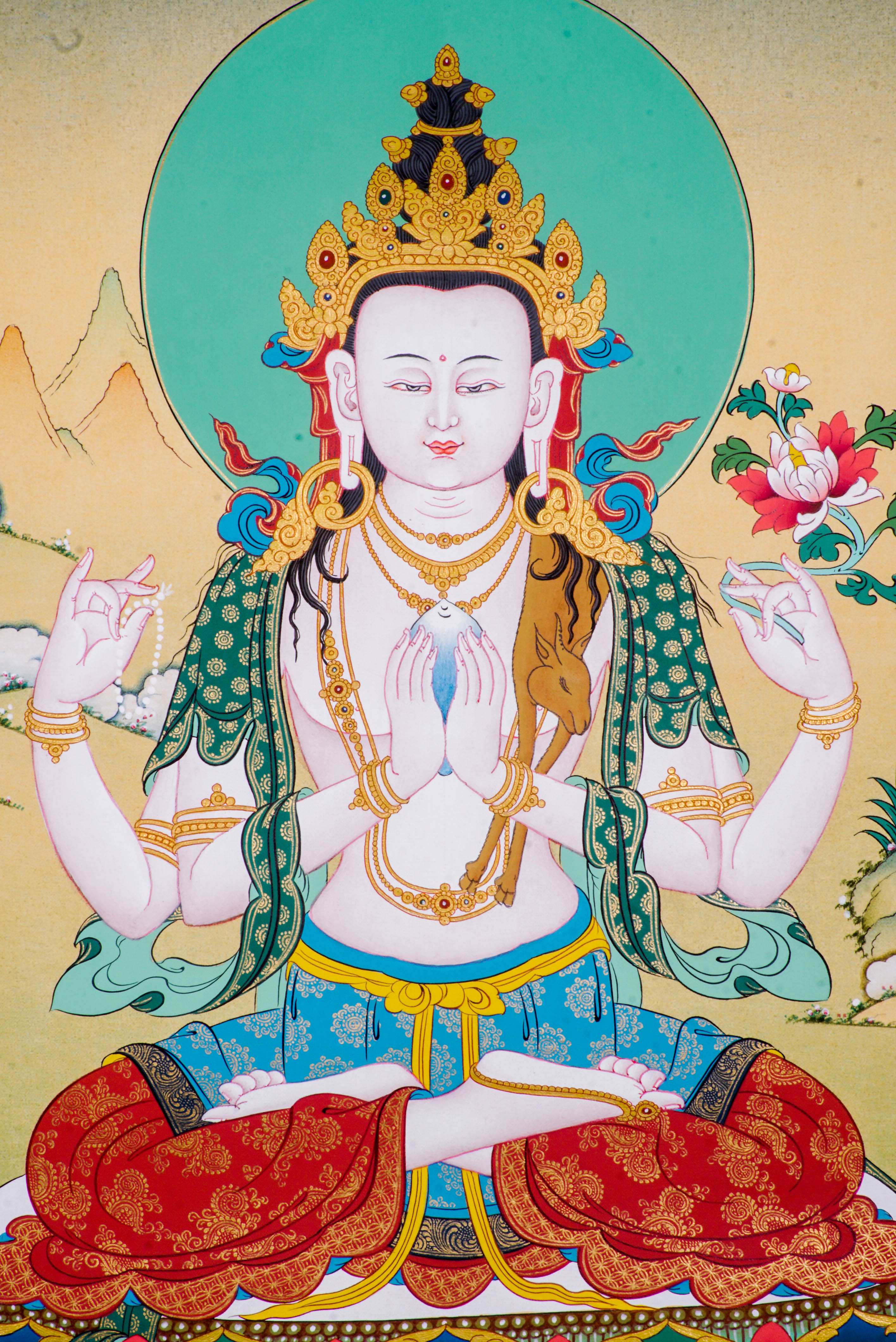 The Chengresi Thangka Painting features Avalokiteshvara, the Bodhisattva of Compassion in Tibetan Buddhism, symbolizing infinite mercy and guidance toward enlightenment. Hand-painted by skilled Tibetan artists with natural pigments, this vibrant Thangka brings healing energy, peace, and spiritual protection to your home or meditation space.