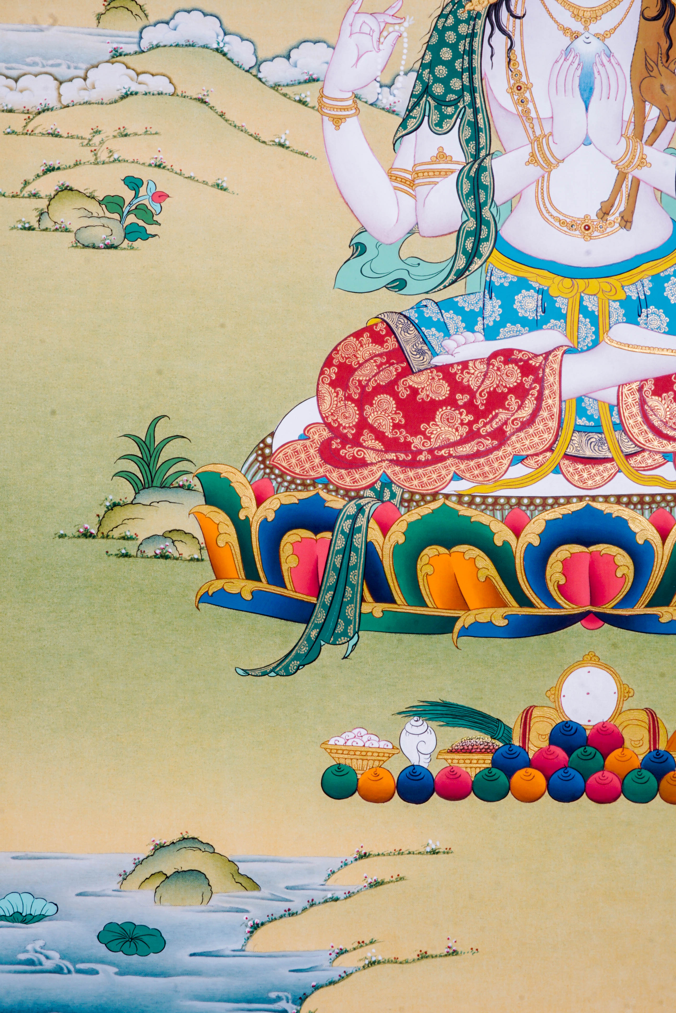 The Chengresi Thangka Painting features Avalokiteshvara, the Bodhisattva of Compassion in Tibetan Buddhism, symbolizing infinite mercy and guidance toward enlightenment. Hand-painted by skilled Tibetan artists with natural pigments, this vibrant Thangka brings healing energy, peace, and spiritual protection to your home or meditation space.