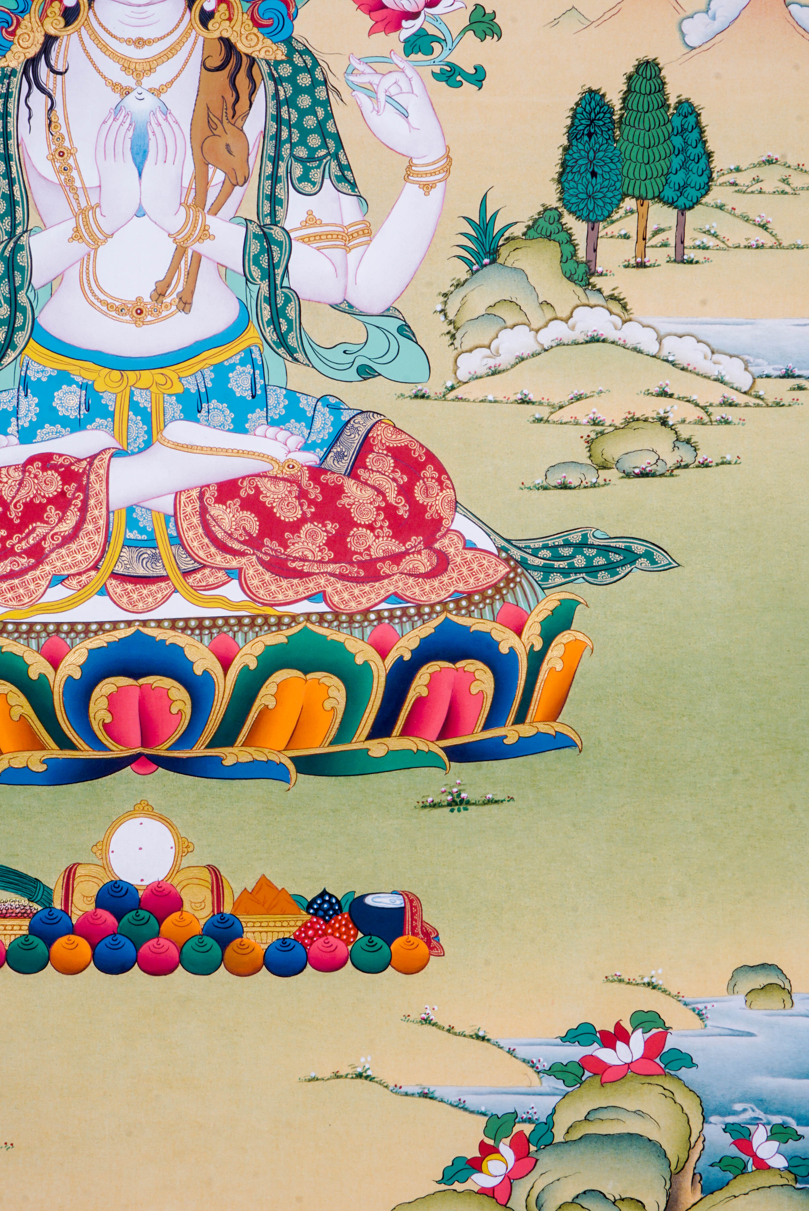 The Chengresi Thangka Painting features Avalokiteshvara, the Bodhisattva of Compassion in Tibetan Buddhism, symbolizing infinite mercy and guidance toward enlightenment. Hand-painted by skilled Tibetan artists with natural pigments, this vibrant Thangka brings healing energy, peace, and spiritual protection to your home or meditation space.