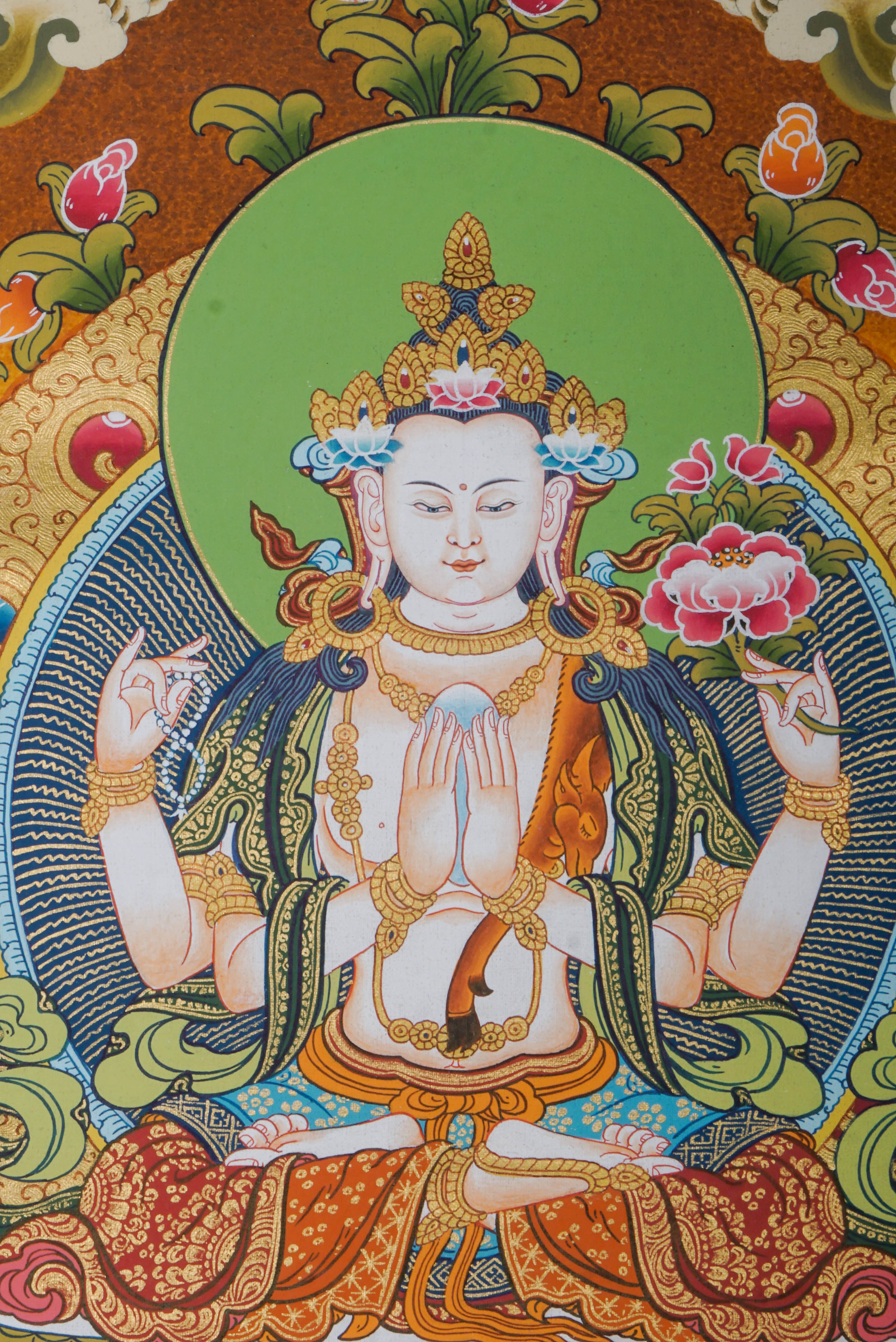 Chengresi Thangka Painting features Chenrezig (Avalokiteshvara), the Tibetan Buddhist Bodhisattva of Compassion, symbolizing unconditional love and kindness. Hand-painted by skilled Tibetan artisans using natural pigments, this authentic Thangka embodies mindfulness, spiritual healing, and meditation. 