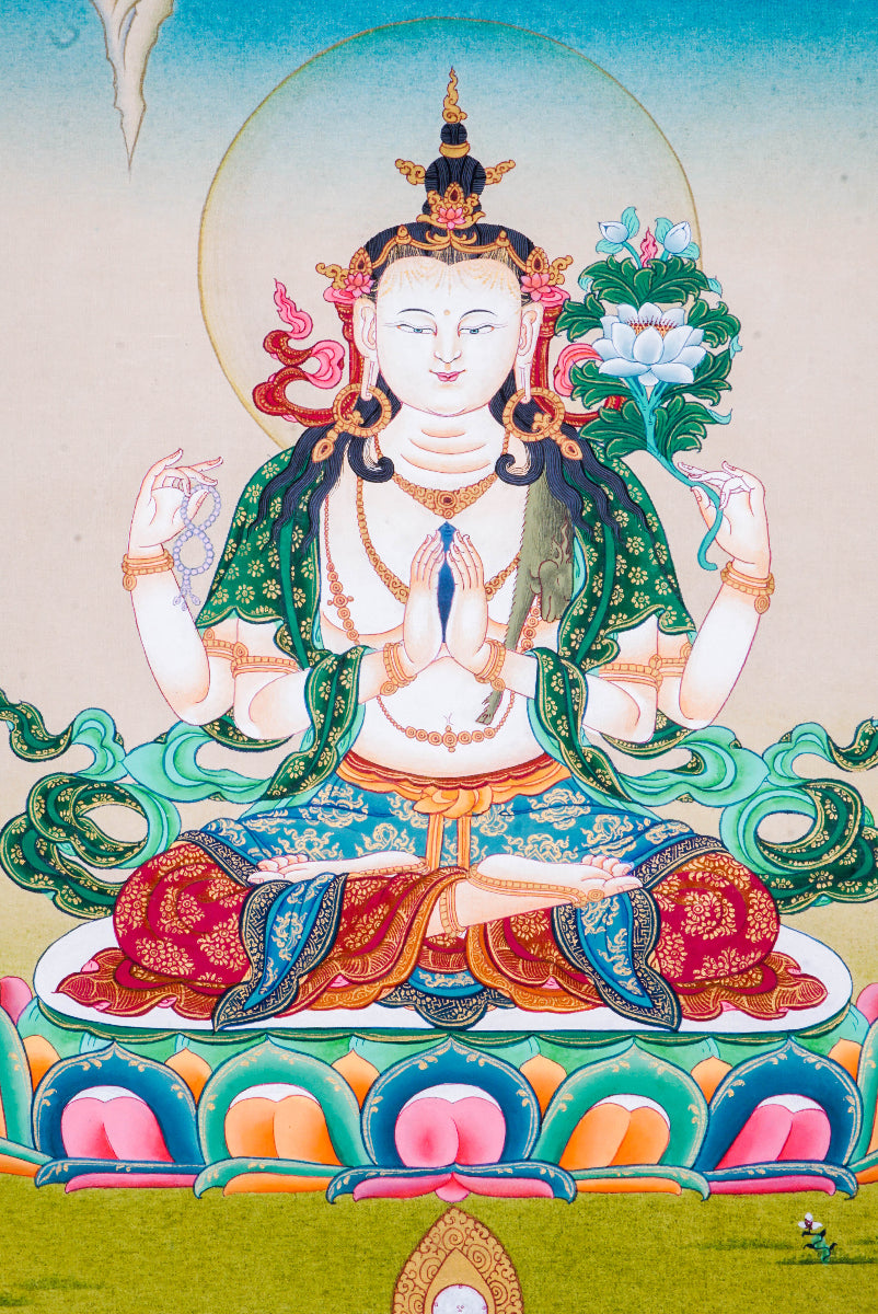 The Chengresi Thangka depicts Avalokiteshvara, the Bodhisattva of Compassion in Tibetan Buddhism, symbolizing mercy and protection. Hand-painted with natural pigments, this authentic Tibetan Thangka brings peace, healing, and spiritual inspiration to any space.