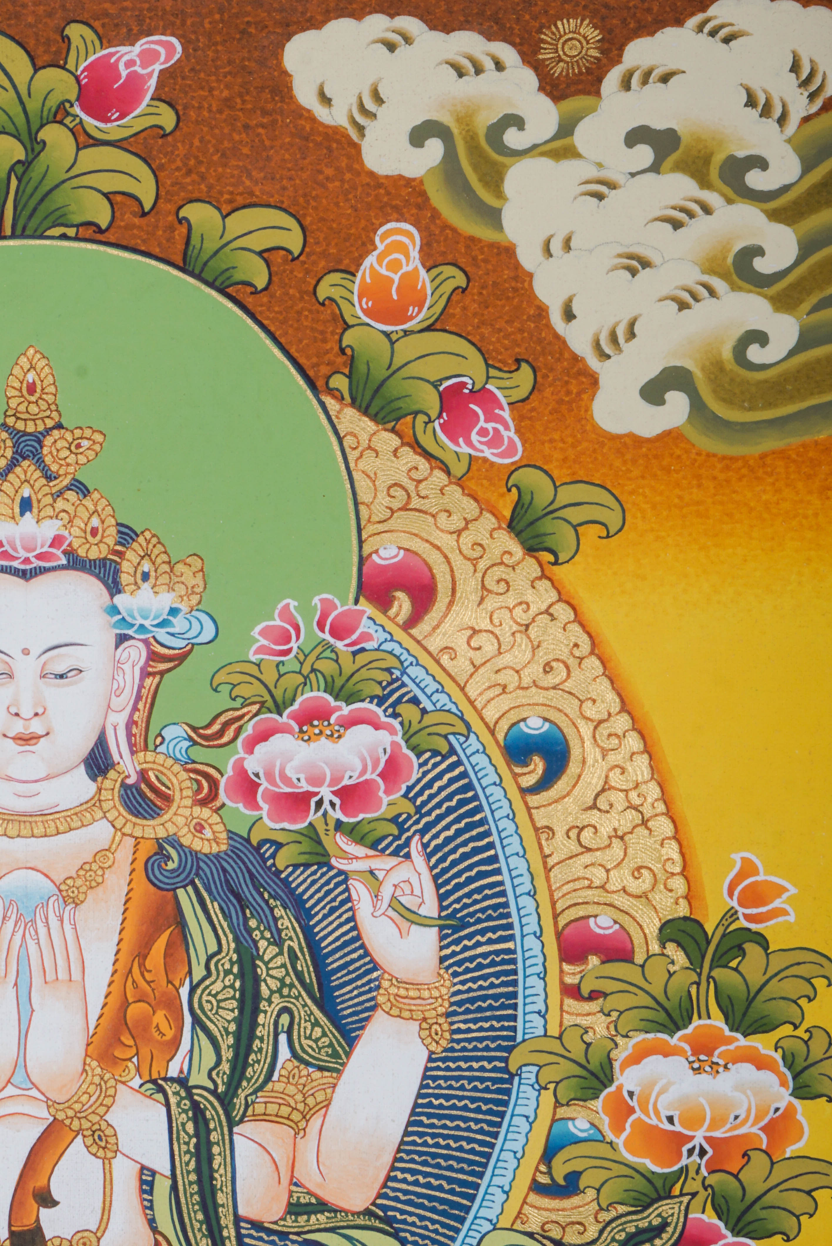 Chengresi Thangka Painting features Chenrezig (Avalokiteshvara), the Tibetan Buddhist Bodhisattva of Compassion, symbolizing unconditional love and kindness. Hand-painted by skilled Tibetan artisans using natural pigments, this authentic Thangka embodies mindfulness, spiritual healing, and meditation. 