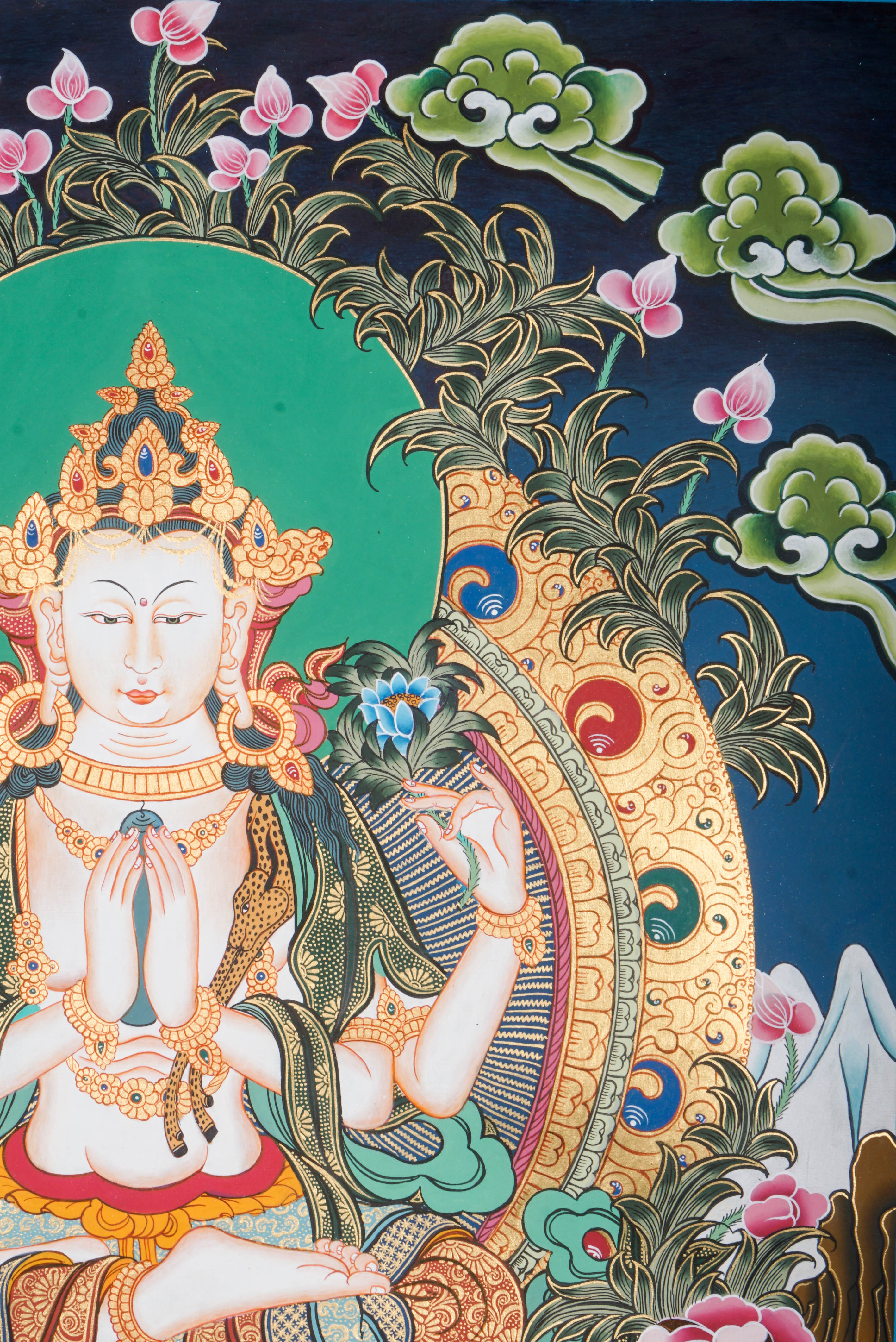 This authentic Chenrezig Thangka is a Tibetan Buddhist masterpiece that captures the Bodhisattva of Compassion in vibrant color and fine detail, bringing peace, empathy, and spiritual grace into your space.
