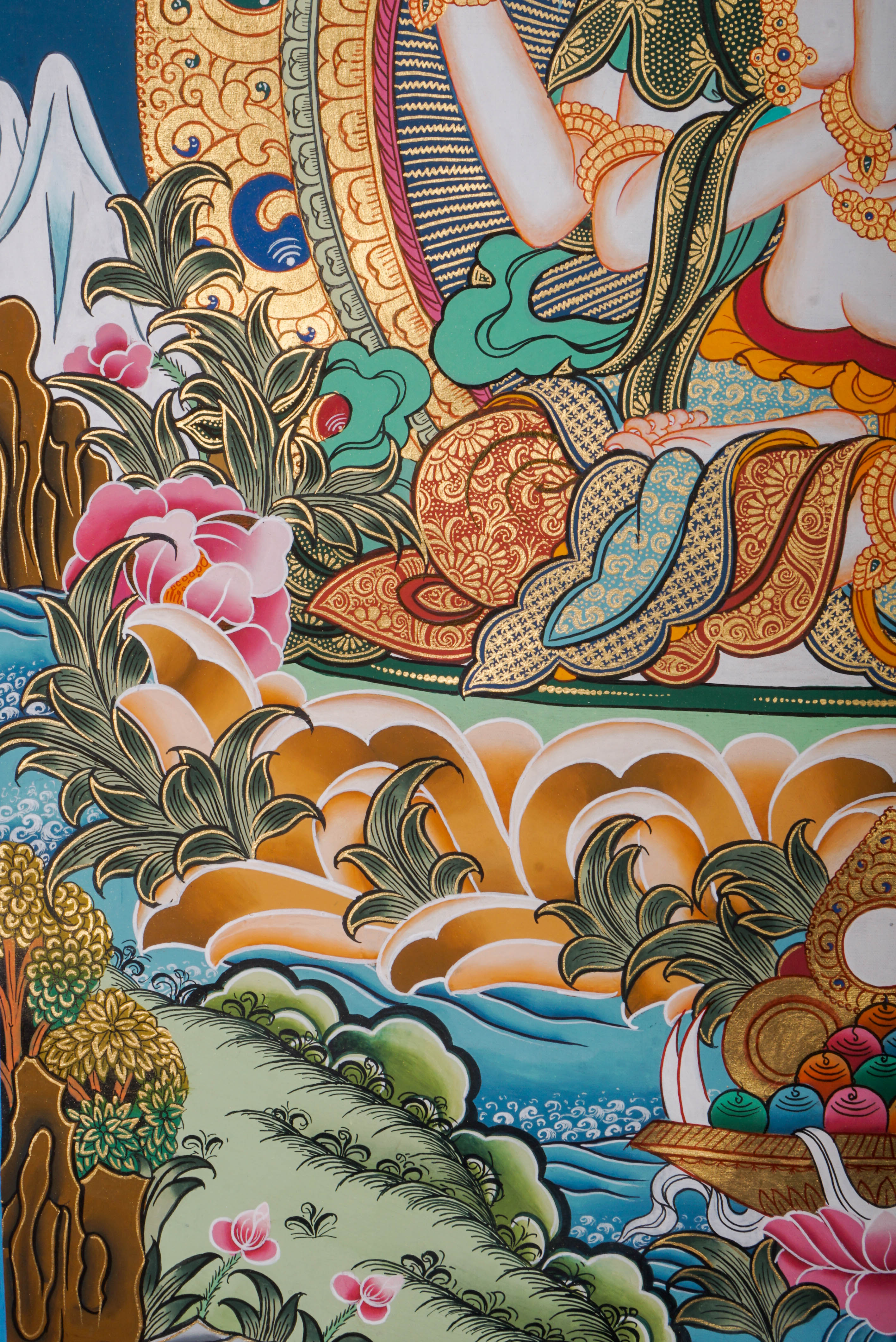 This authentic Chenrezig Thangka is a Tibetan Buddhist masterpiece that captures the Bodhisattva of Compassion in vibrant color and fine detail, bringing peace, empathy, and spiritual grace into your space.