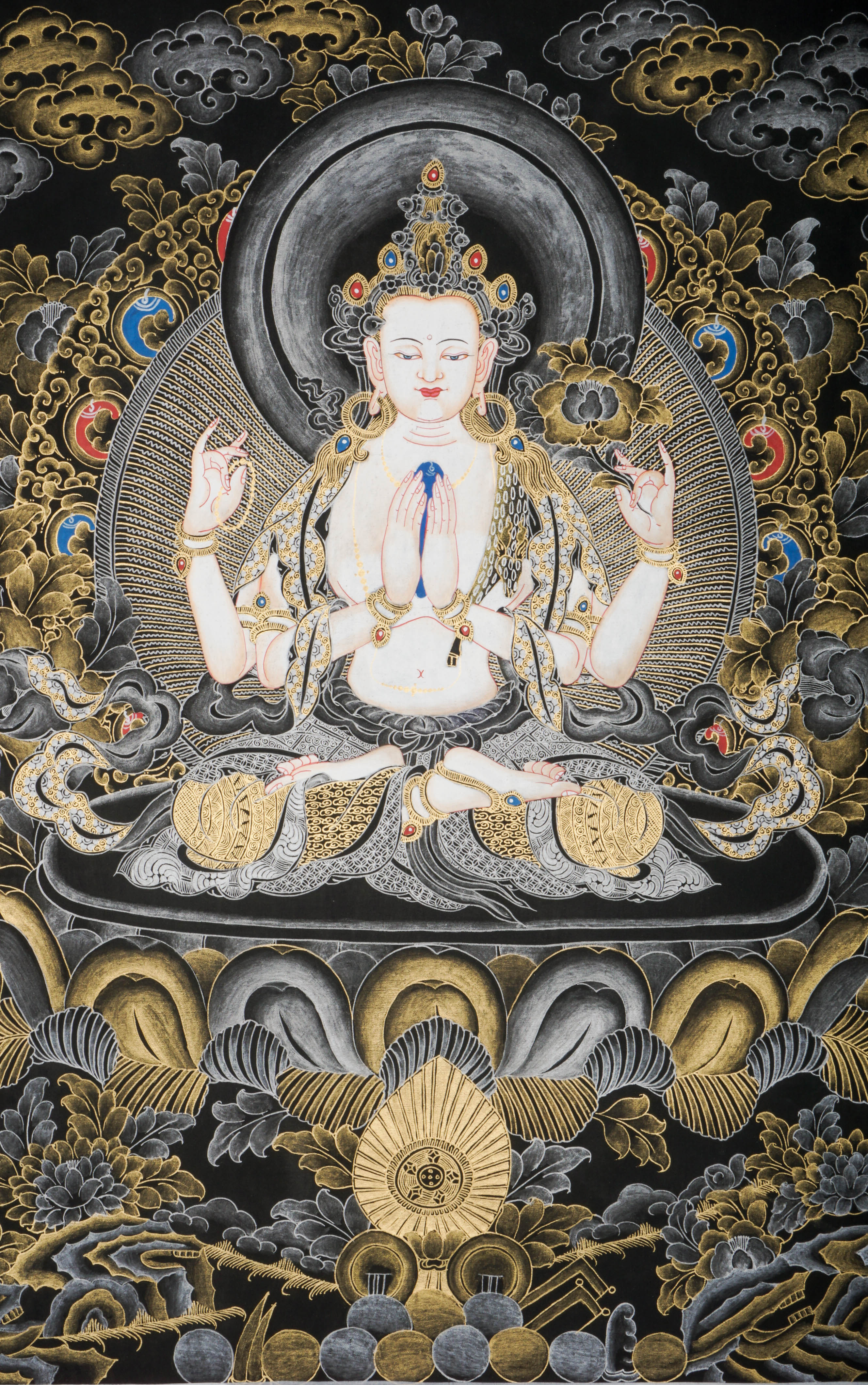 Chengresi Thangka features Chenrezig, the Tibetan Buddhist Bodhisattva of Compassion, hand-painted with natural pigments in traditional style. This authentic Tibetan Thangka embodies compassion, mindfulness, and spiritual healing. 