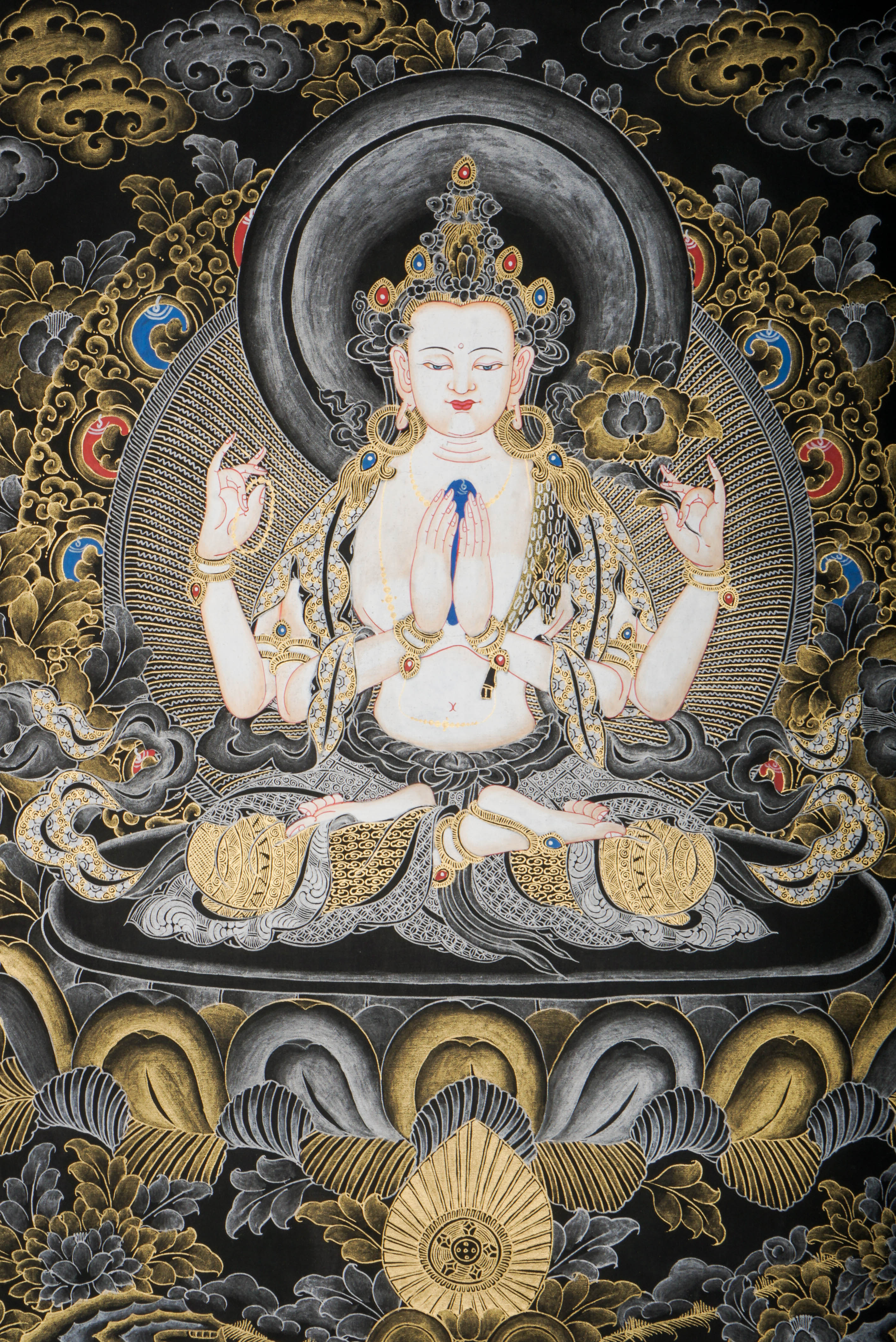 Chengresi Thangka features Chenrezig, the Tibetan Buddhist Bodhisattva of Compassion, hand-painted with natural pigments in traditional style. This authentic Tibetan Thangka embodies compassion, mindfulness, and spiritual healing. 