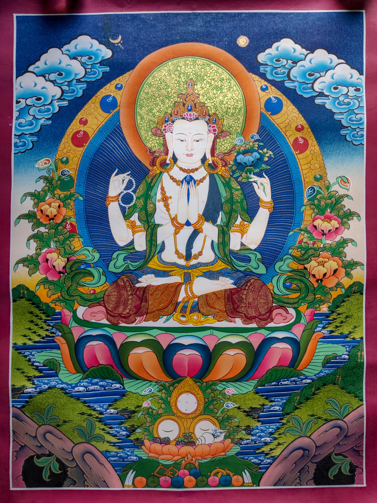 This Chengresi thangka painting is ideal for meditation rooms, altars, or any space seeking solace and inspiration. 