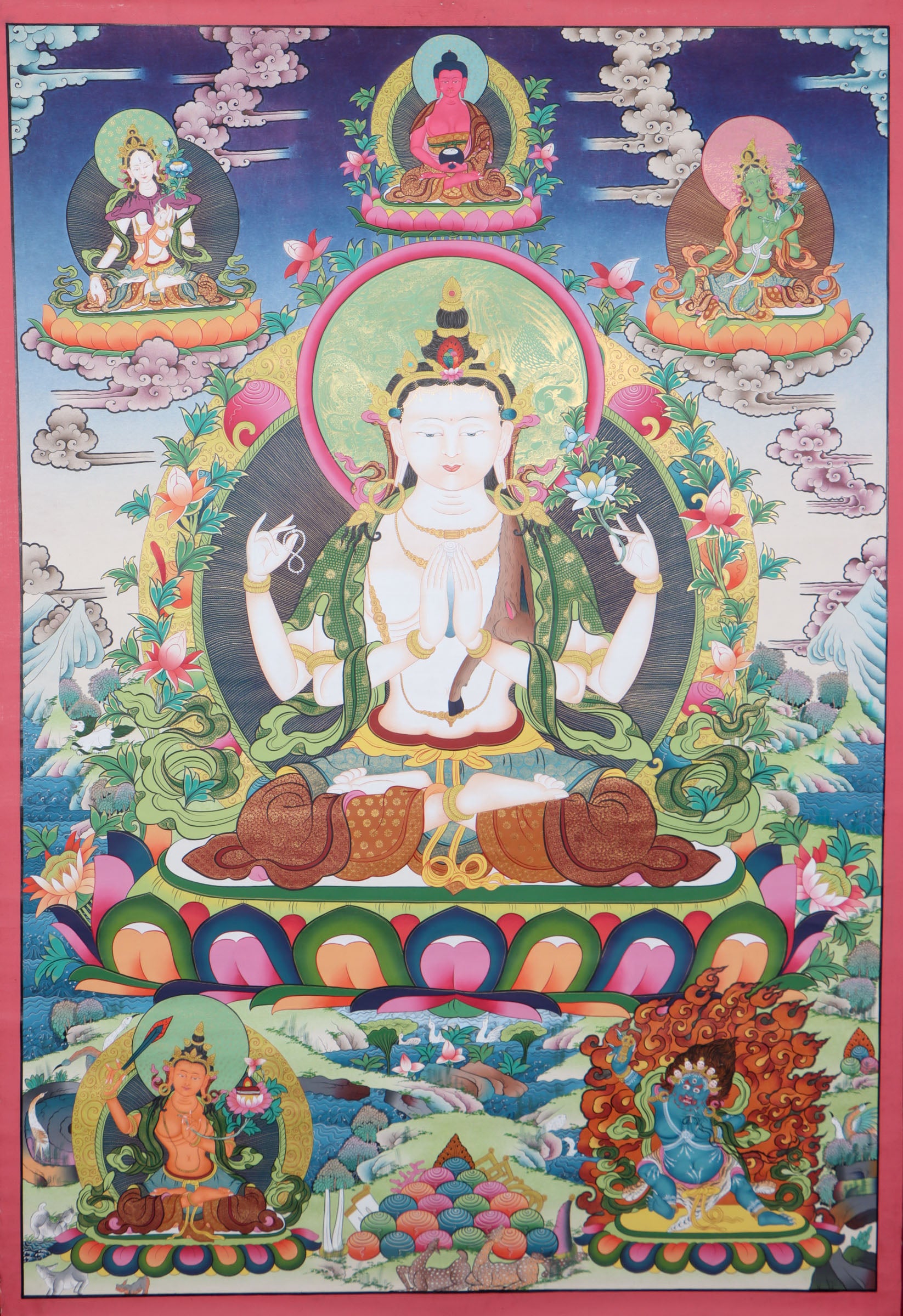 Chengresi, also known as Chenrezig or Avalokiteshvara, is the Tibetan Buddhist deity of compassion, revered for his ability to ease suffering and inspire empathy. This hand-painted Thangka captures his sacred essence with vibrant natural pigments on cotton canvas, blending spiritual depth with masterful Tibetan craftsmanship.