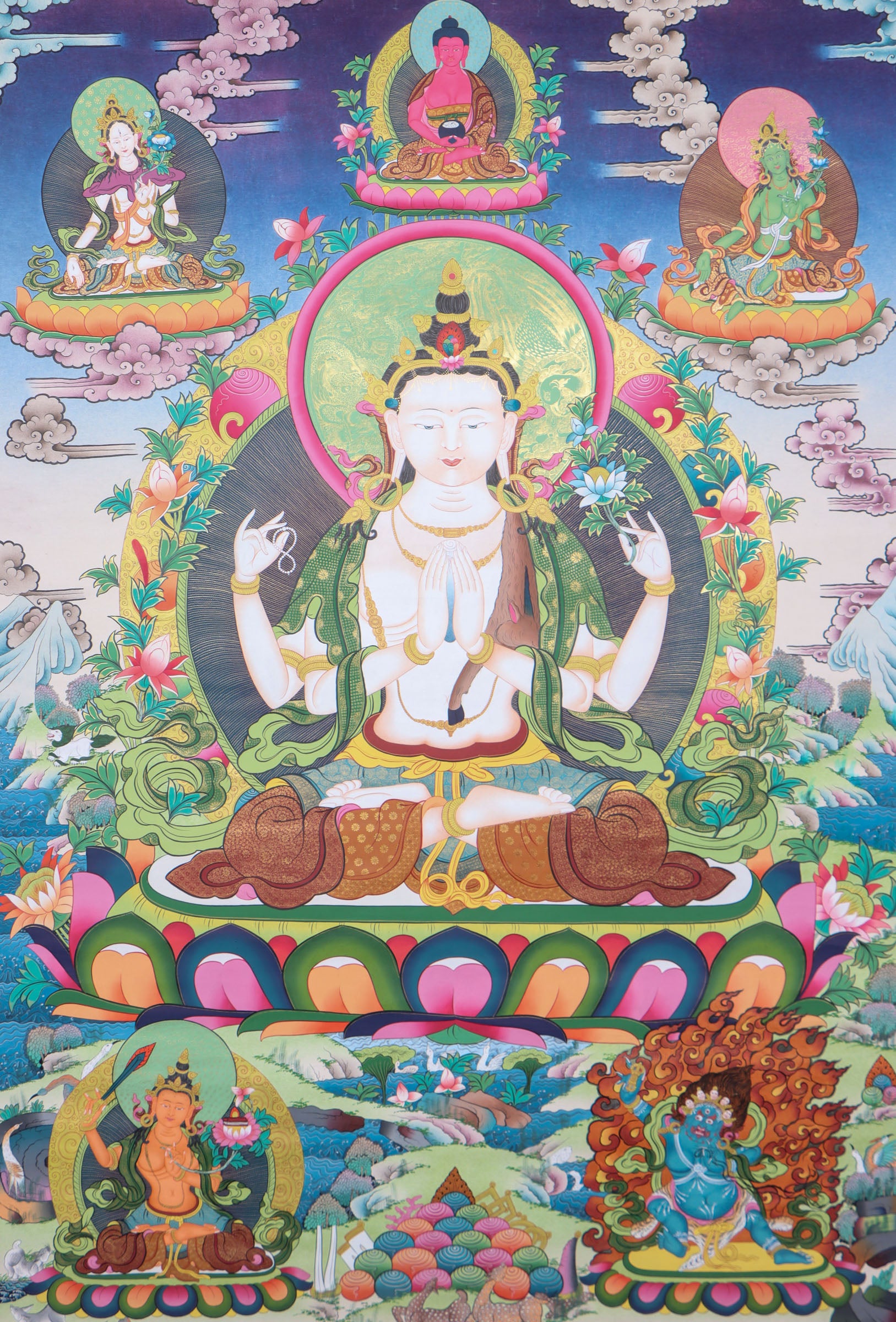Chengresi, also known as Chenrezig or Avalokiteshvara, is the Tibetan Buddhist deity of compassion, revered for his ability to ease suffering and inspire empathy. This hand-painted Thangka captures his sacred essence with vibrant natural pigments on cotton canvas, blending spiritual depth with masterful Tibetan craftsmanship.