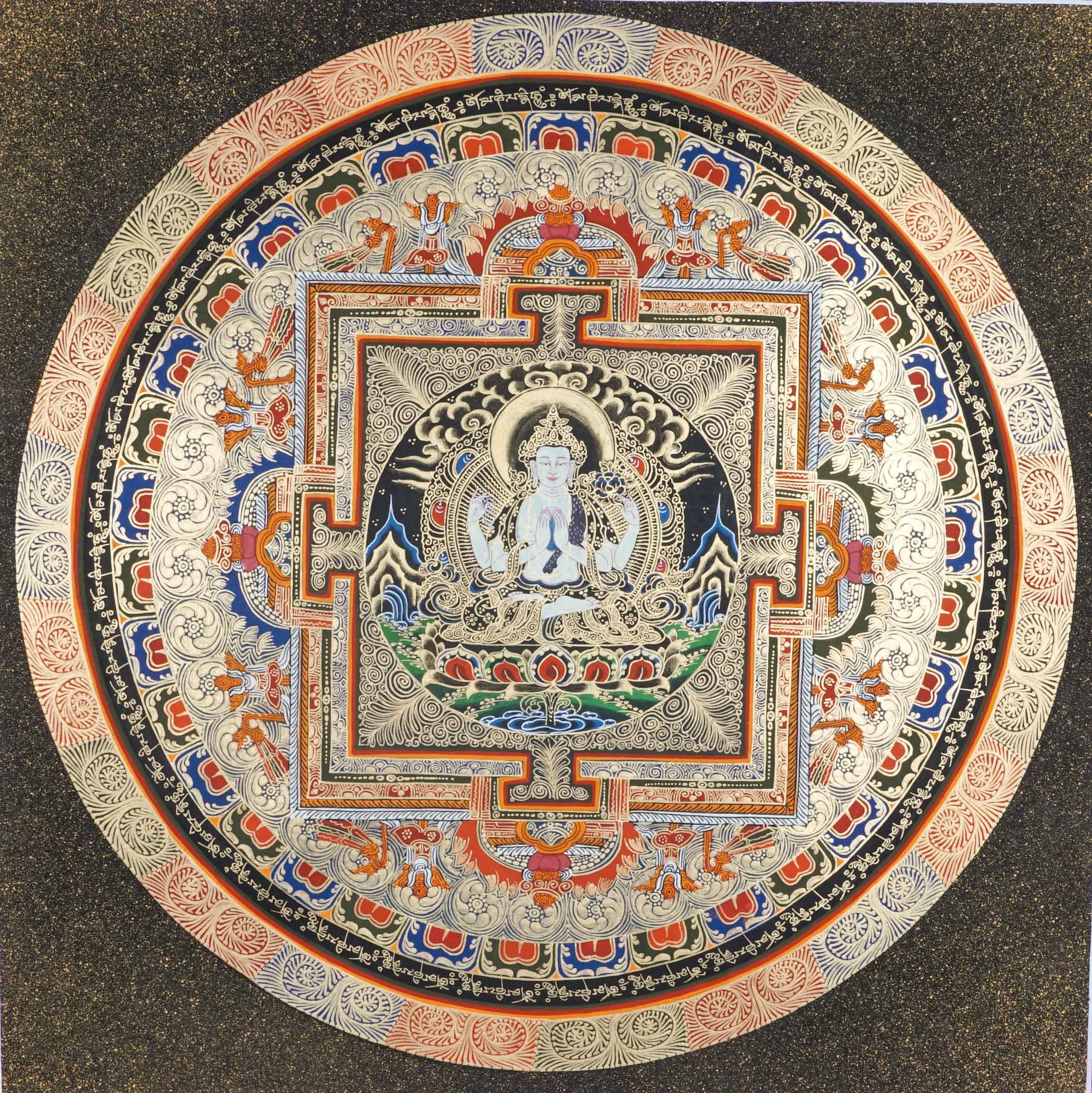 A beautifully hand-painted artwork of Round Mandala with Chengresi figure at the heart symbolizing of supreme wisdom and insight.