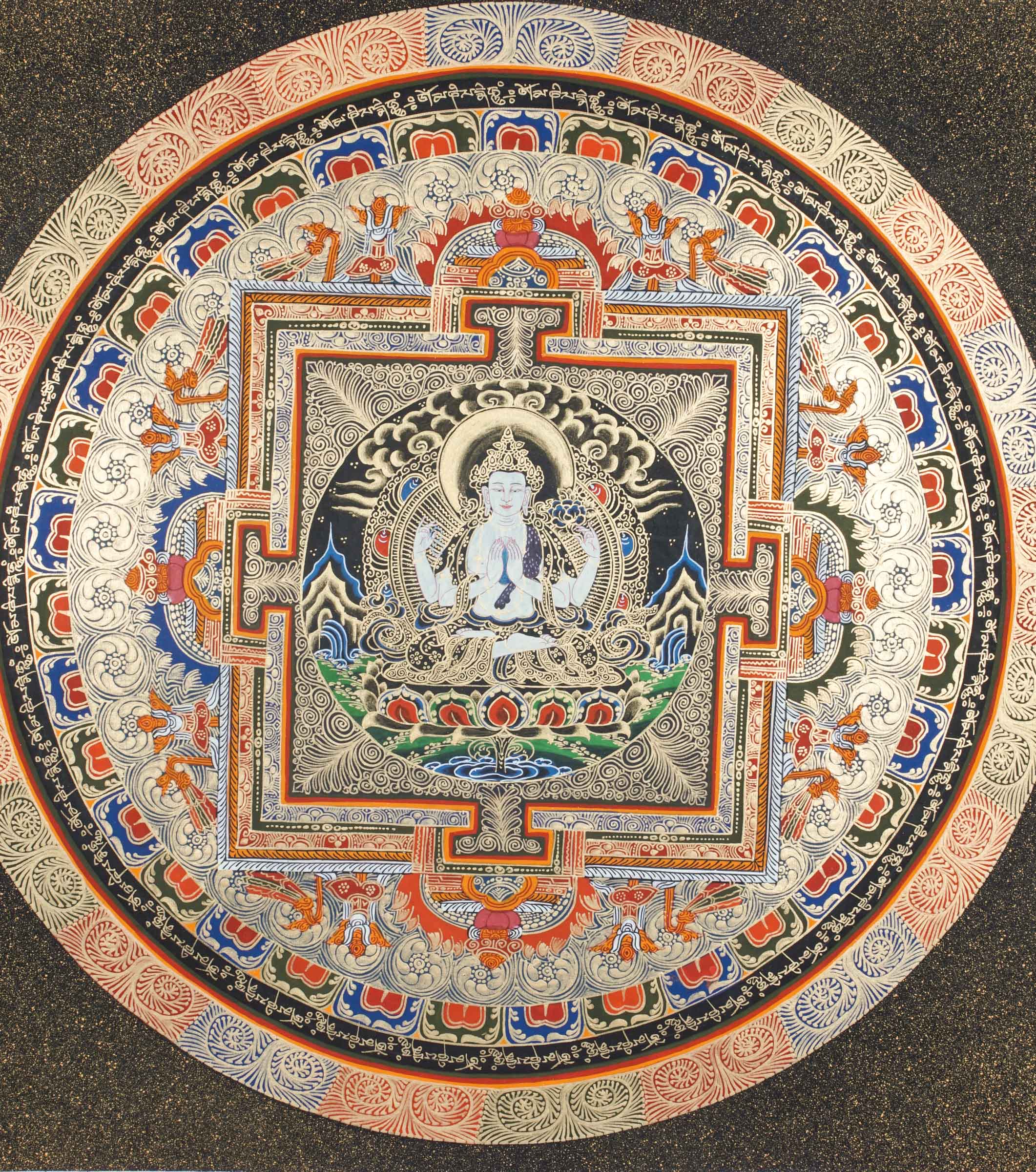 A beautifully hand-painted artwork of Round Mandala with Chengresi figure at the heart symbolizing of supreme wisdom and insight.