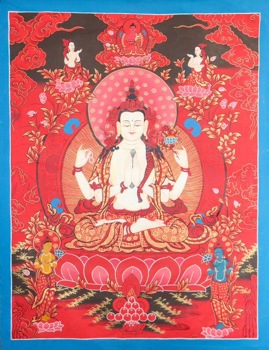 This Tibetan Thangka painting of Chengresi is perfect for various home décor ideas. 