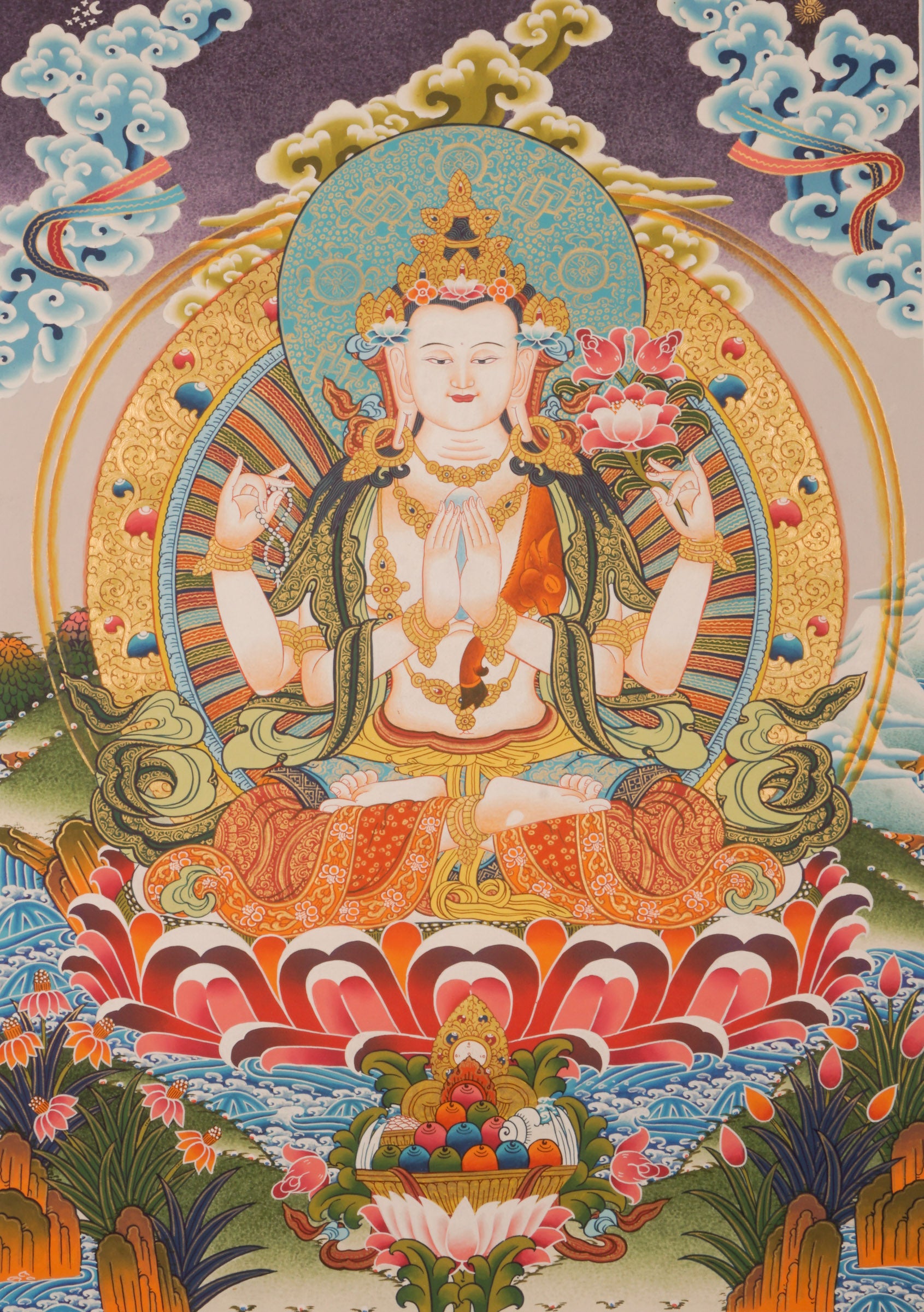This genuine Chenrezig Thangka, hand-painted with natural mineral pigments, radiates boundless compassion and deep spiritual significance. More than just art, it serves as a sacred tool for meditation and a beautiful reminder of Chenrezig’s infinite kindness and healing presence.